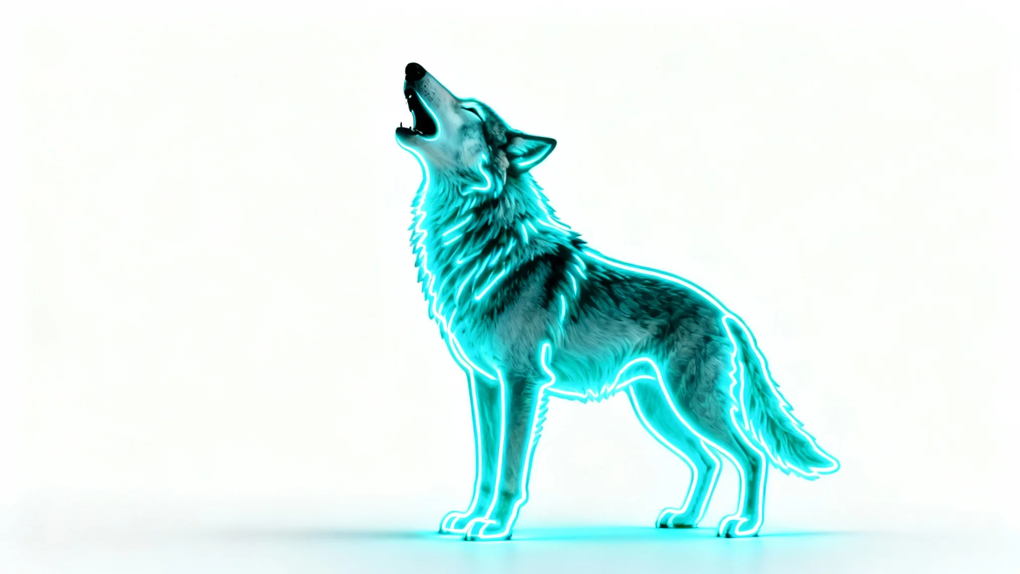 A hyper-realistic image of a howling wolf created entirely from a bright cyan neon outline, set against a clean white background.