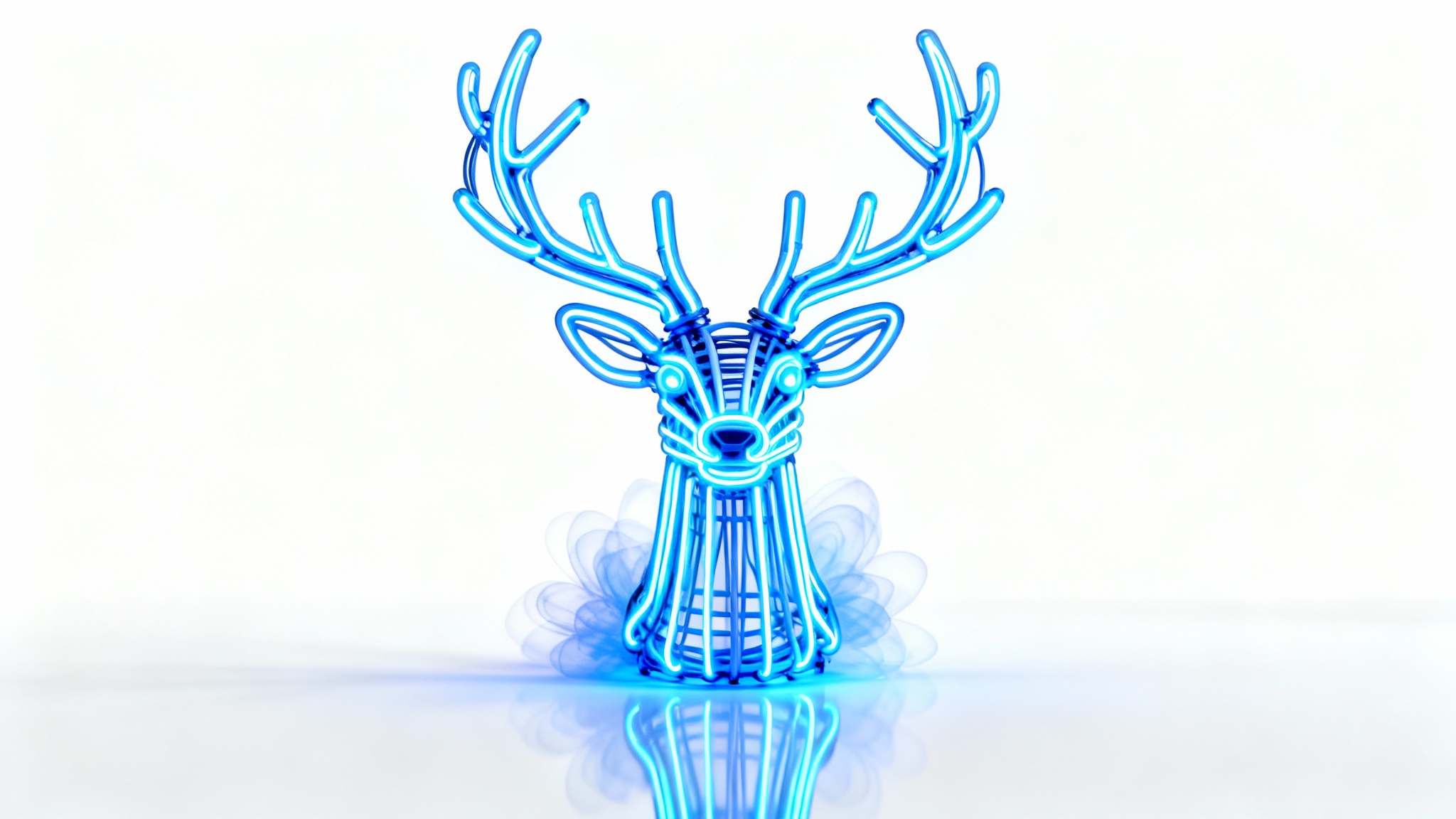 A majestic stag's head rendered as a bright, electric blue neon outline sign, glowing intensely against a clean white background.