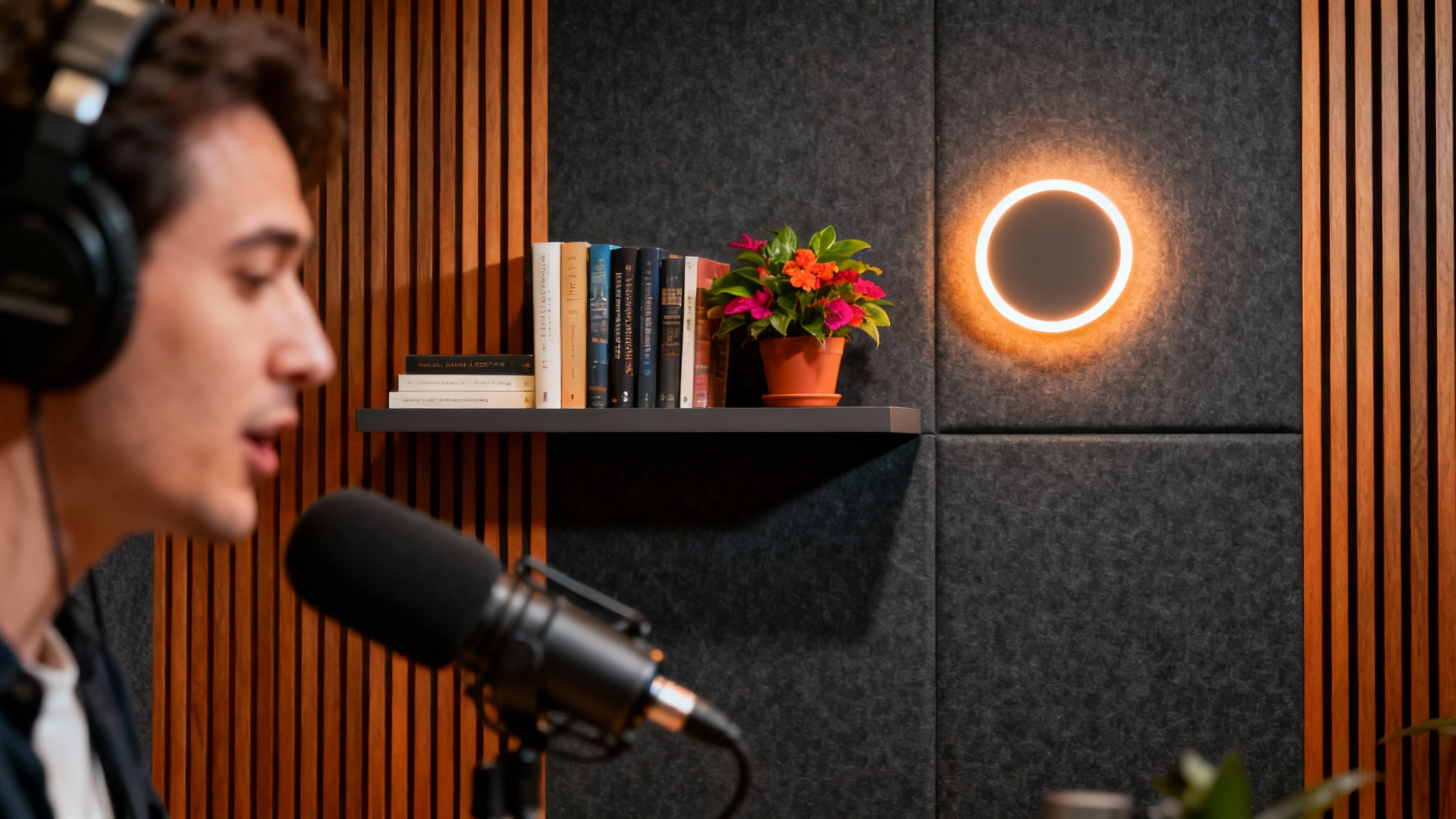 An eye-catching image of a professional podcast studio background featuring dark acoustic panels, wood slats, a decorative shelf, and warm ambient lighting, shown behind a person at a microphone.