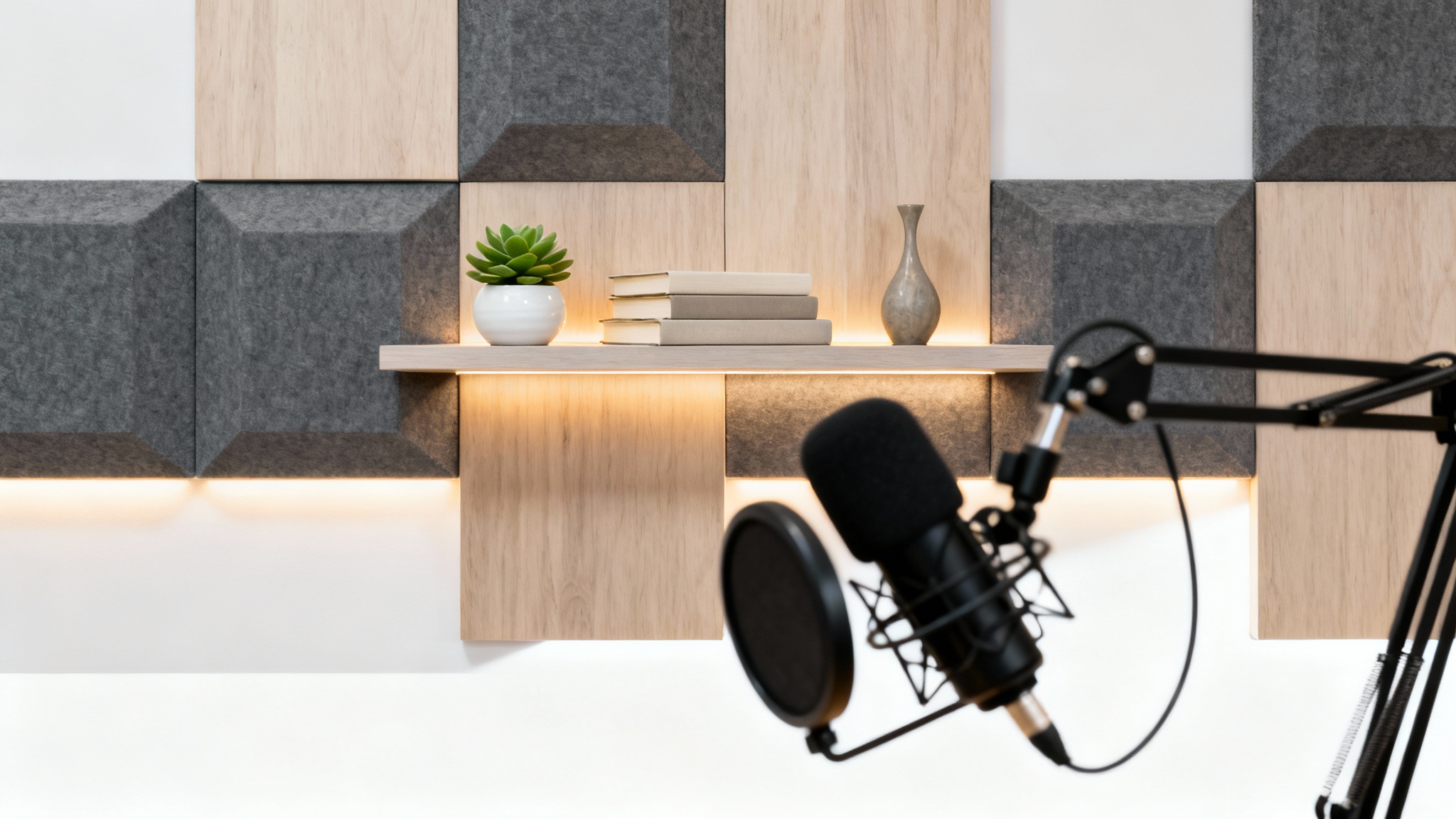 A modern and professional podcast studio background with grey and wood acoustic panels, a shelf with a plant and books, and a microphone blurred in the foreground.