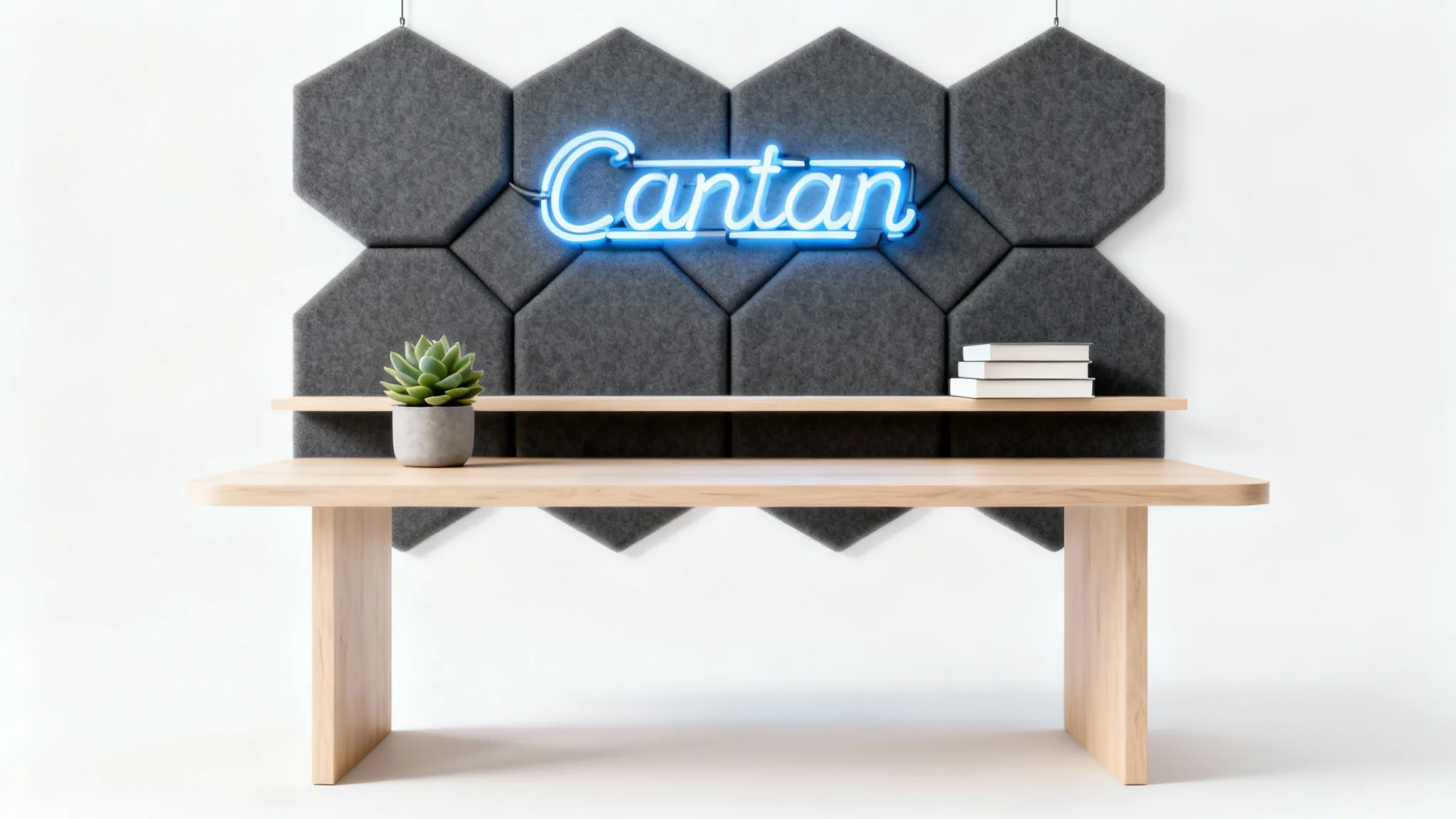 A professional podcast studio background featuring a wall with geometric acoustic panels, a glowing blue neon sign, and a minimalist desk, all presented against a clean white background.