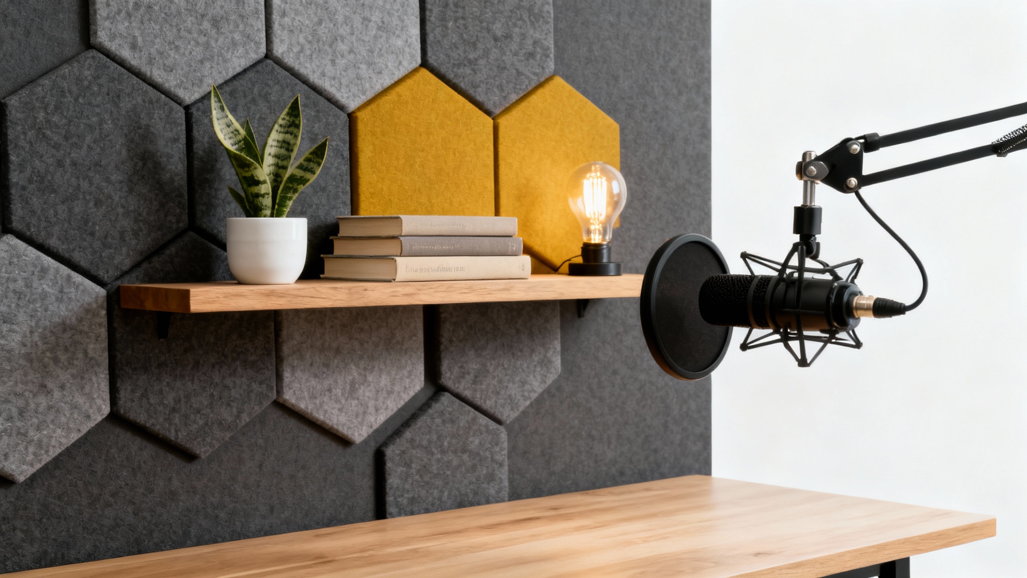 A stylish and modern podcast studio background setup, featuring a charcoal gray wall with geometric acoustic panels, a floating shelf with a plant and books, all set against a clean white background.