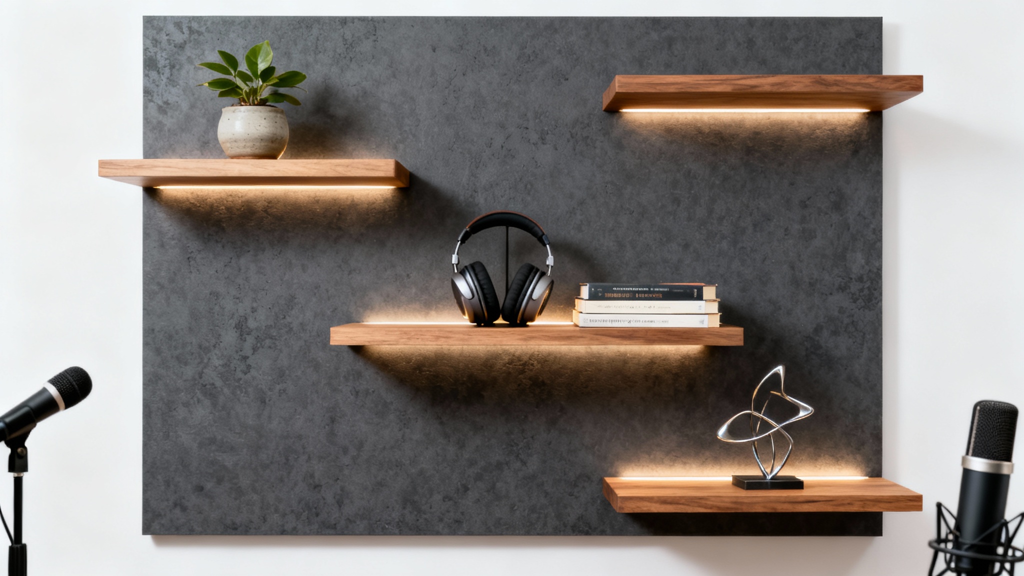 A professional podcast studio background featuring a dark textured wall with floating shelves displaying a plant, headphones, and a sculpture, all on a white background.