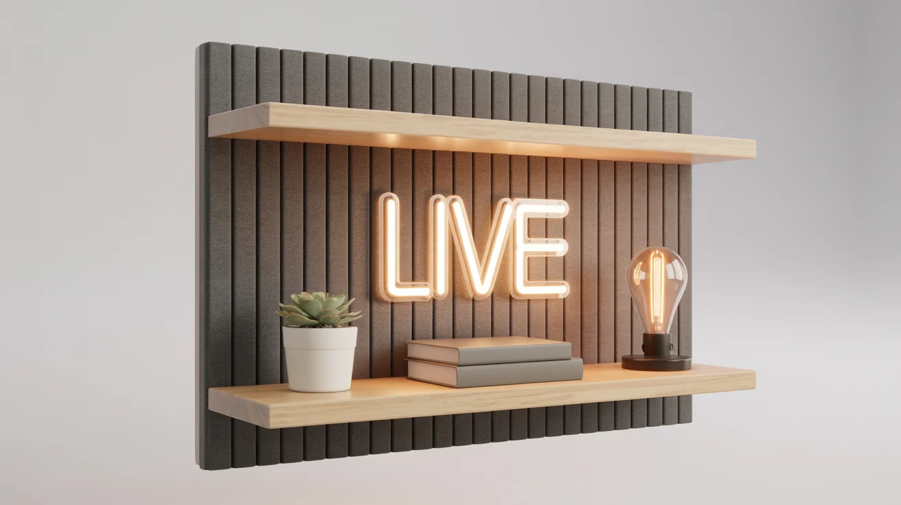 A professional podcast studio background mockup featuring a dark acoustic panel wall, floating wooden shelves decorated with a plant, books, and an Edison bulb lamp, and a glowing neon 'LIVE' sign.