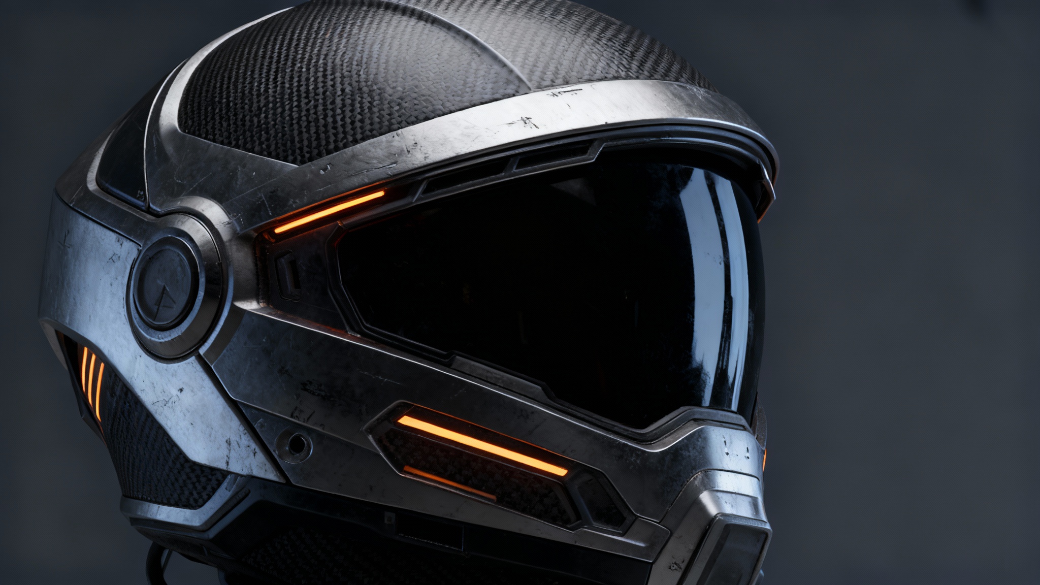 A photorealistic 3D render of a futuristic sci-fi helmet, showcasing the incredibly detailed textures for metal, carbon fiber, and glowing elements that can be created with a DDS texture editor.