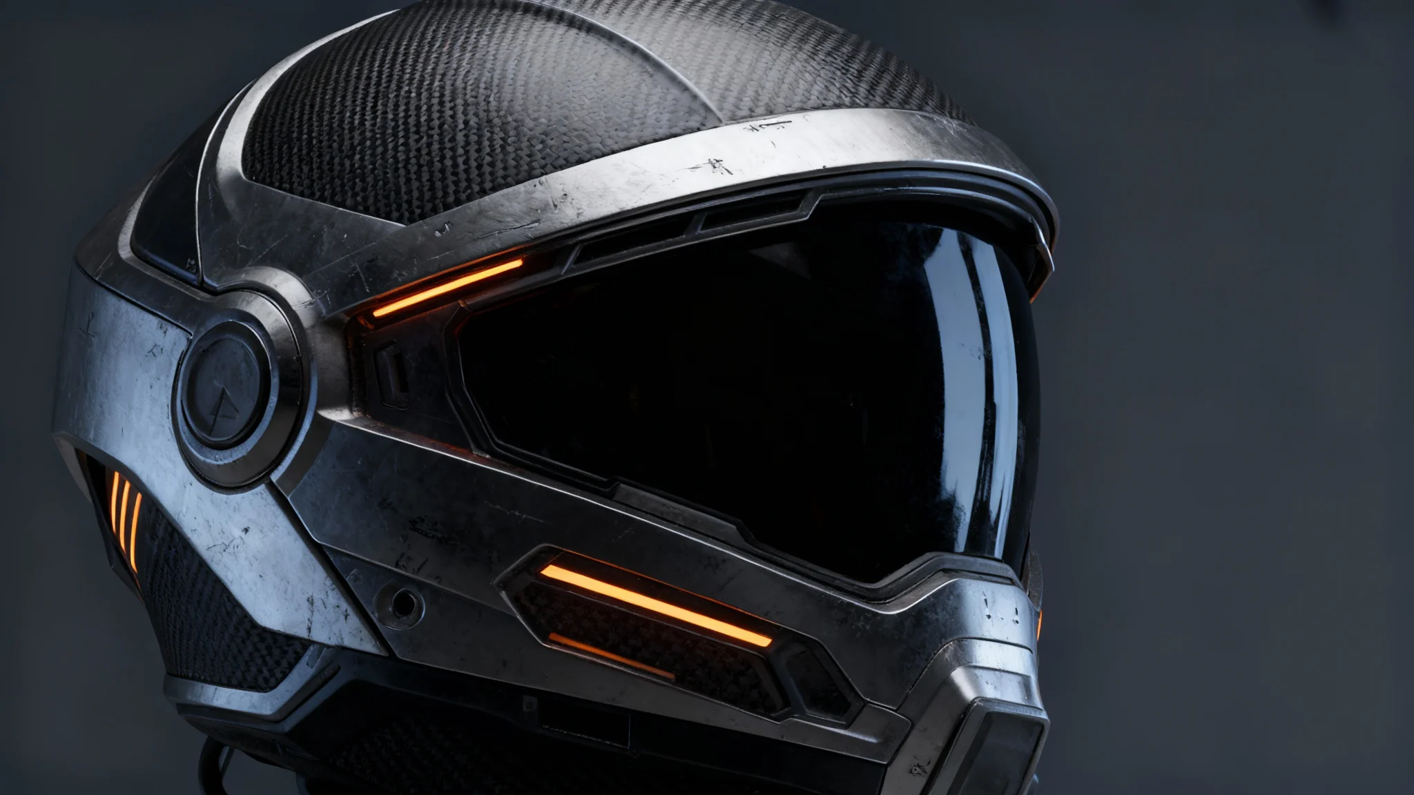 A photorealistic 3D render of a futuristic sci-fi helmet, showcasing the incredibly detailed textures for metal, carbon fiber, and glowing elements that can be created with a DDS texture editor.