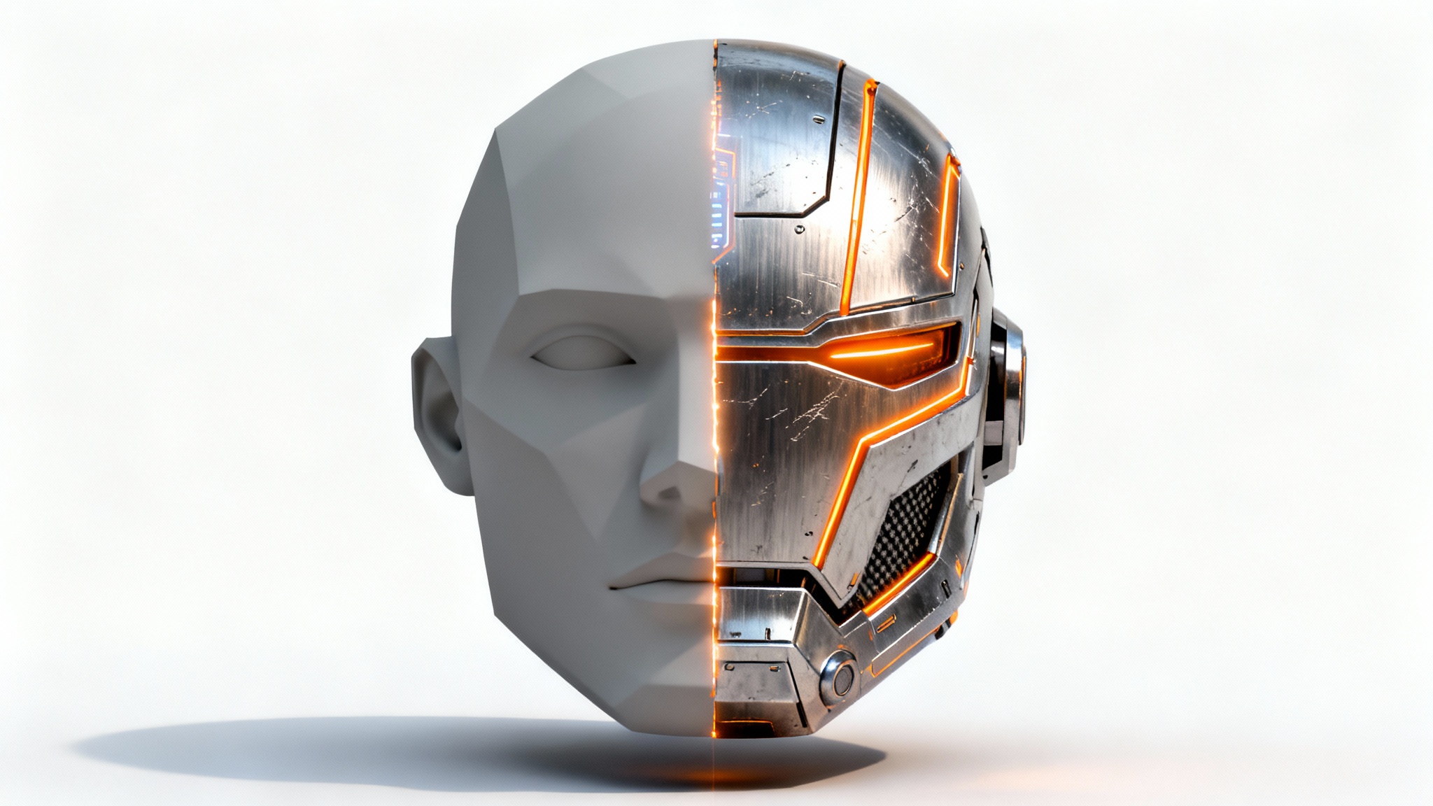 A sci-fi helmet against a white background, illustrating a texture editing process. The left side of the helmet is a plain gray 3D model, while the right side is fully rendered with hyper-realistic metal textures and glowing orange lights.