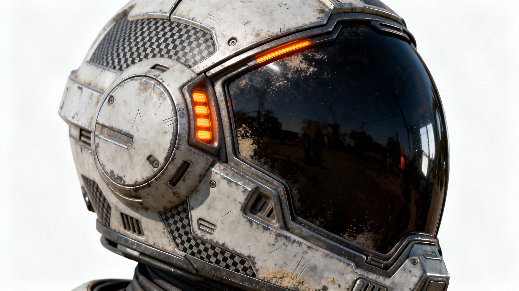 A hyper-realistic 3D render of a sci-fi helmet, showcasing detailed textures like scratches and different materials, set against a plain white background.