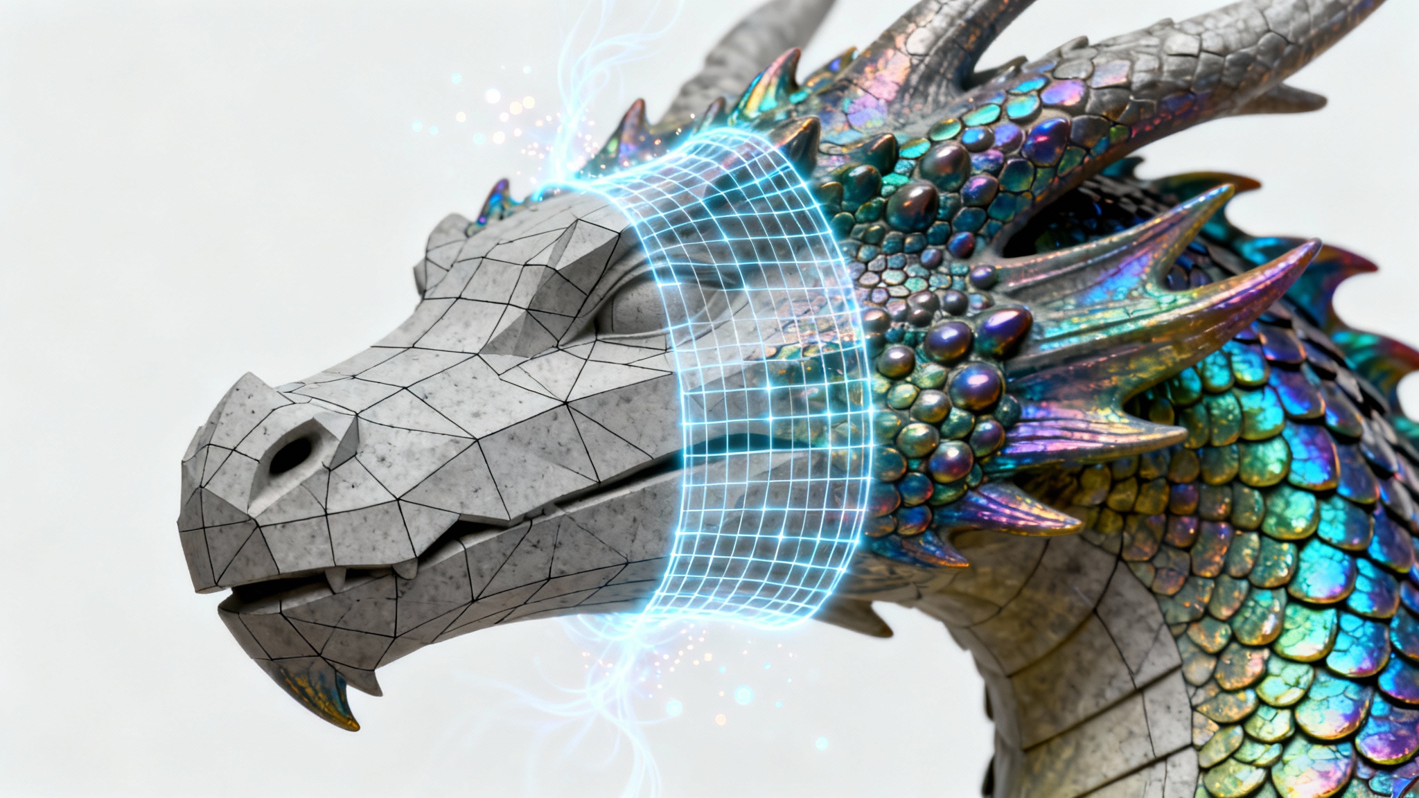 A close-up of a 3D dragon head model being textured. Half of the head is a plain grey mesh, while the other half has vibrant, detailed scales, illustrating a digital texture application process against a white background.