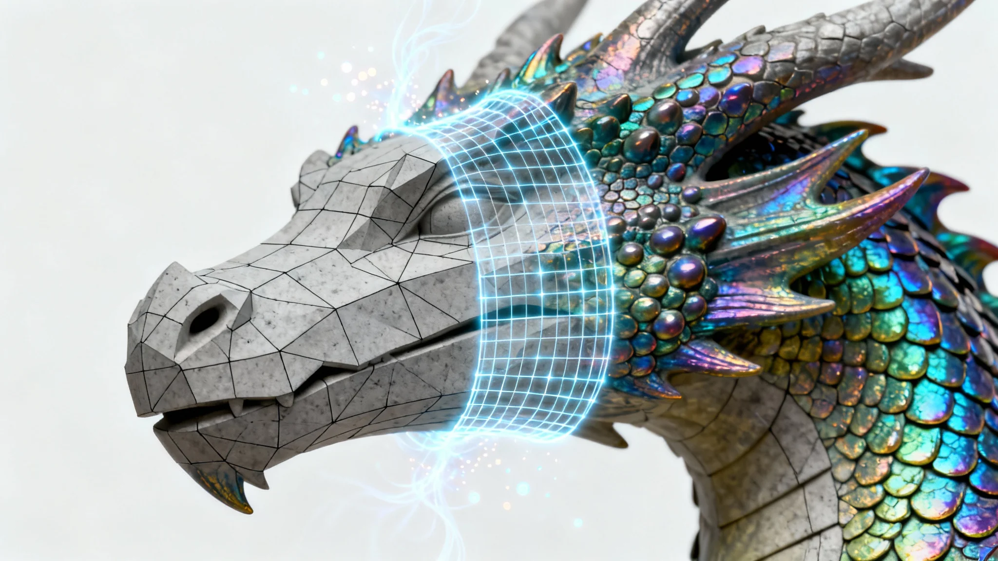A close-up of a 3D dragon head model being textured. Half of the head is a plain grey mesh, while the other half has vibrant, detailed scales, illustrating a digital texture application process against a white background.