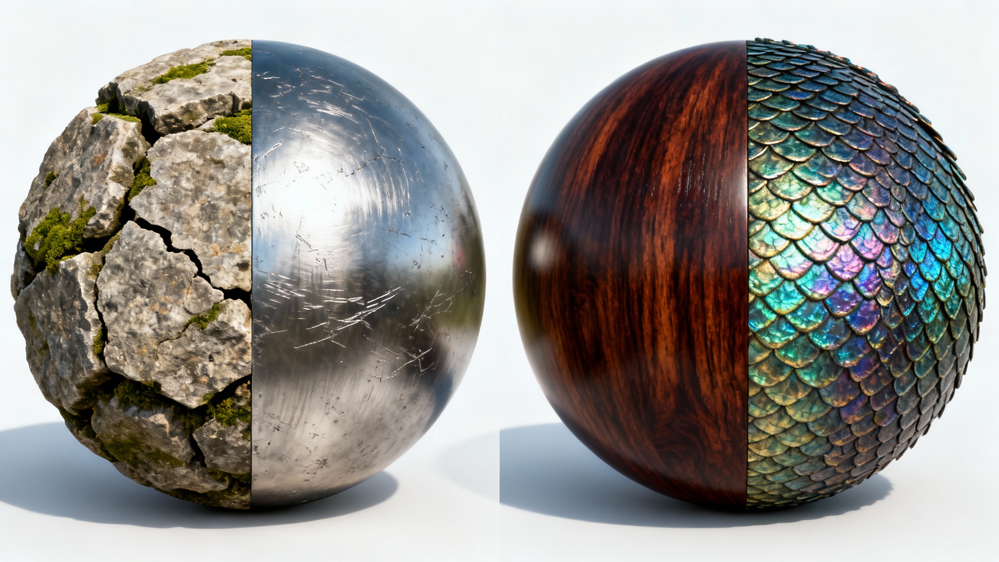 A 3D sphere on a white background showcasing four different hyper-realistic textures: cracked stone, scratched metal, polished wood, and iridescent dragon scales, representing a DDS texture editor's output.