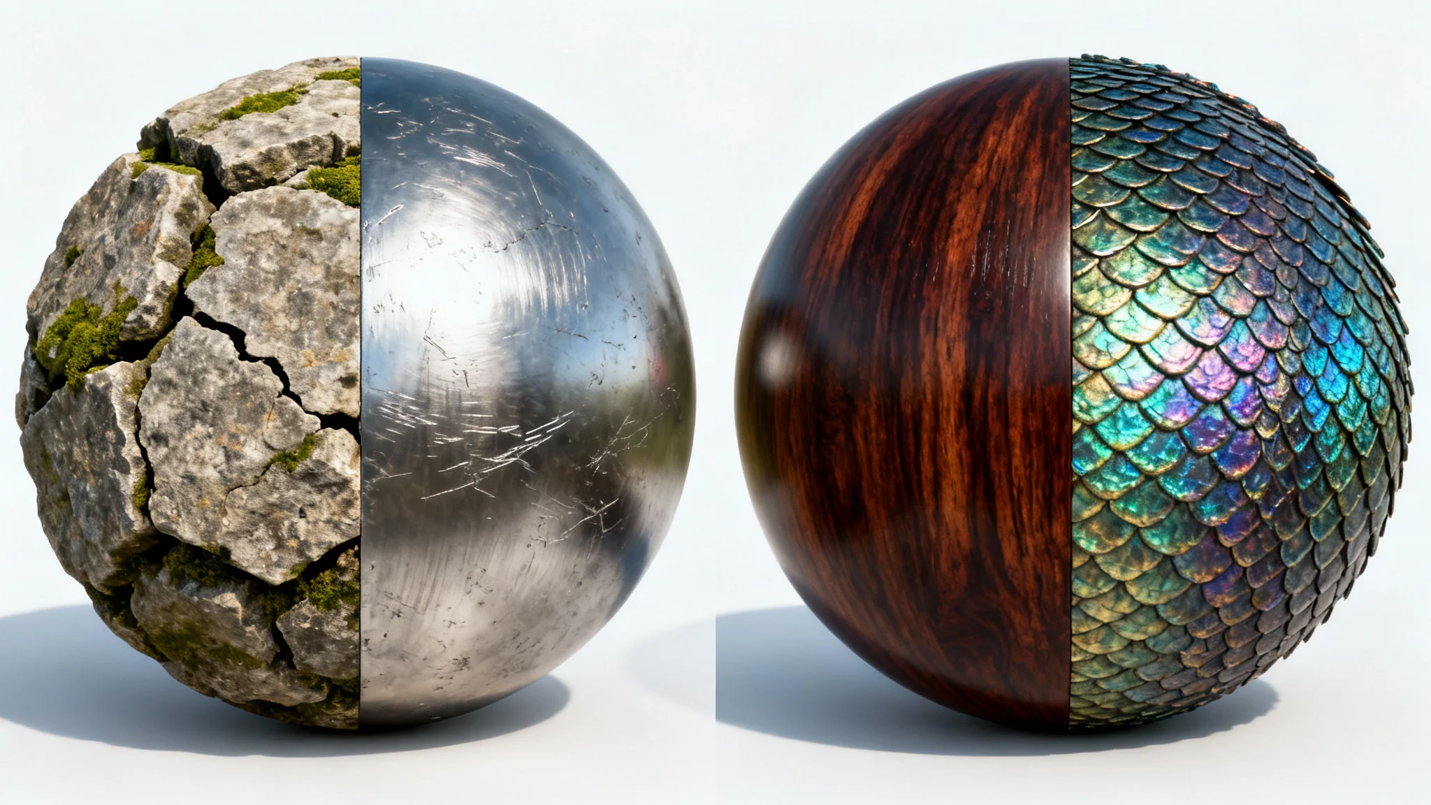 A 3D sphere on a white background showcasing four different hyper-realistic textures: cracked stone, scratched metal, polished wood, and iridescent dragon scales, representing a DDS texture editor's output.