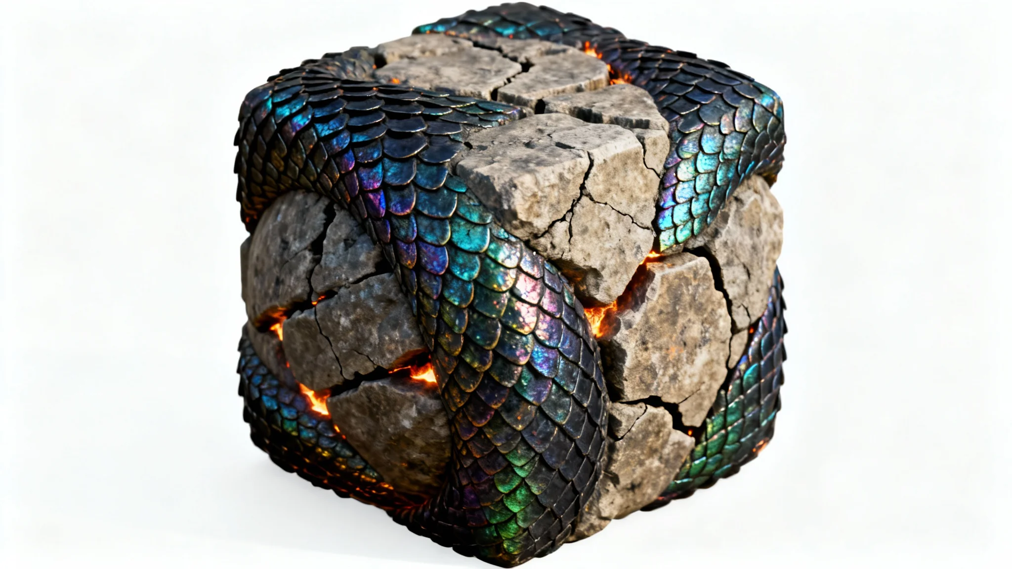 A hyper-realistic close-up of a fantasy 3D texture, blending iridescent dragon scales and cracked stone with glowing embers, applied to a geometric object against a white background.