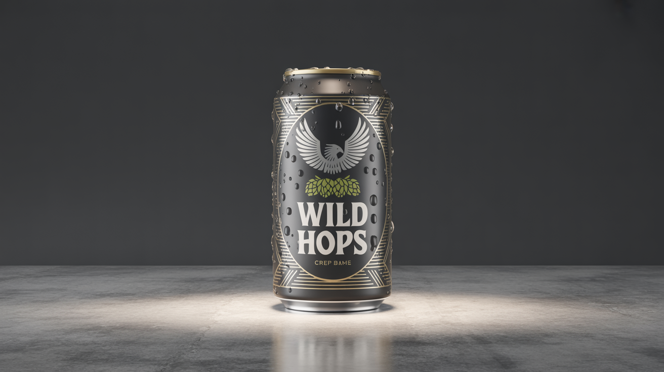 A photorealistic hero image of a finished beer can design for a brand called 'WILD HOPS'. The can is matte black with intricate gold and silver patterns, a stylized eagle, and is covered in condensation, presented in a professional studio setting.