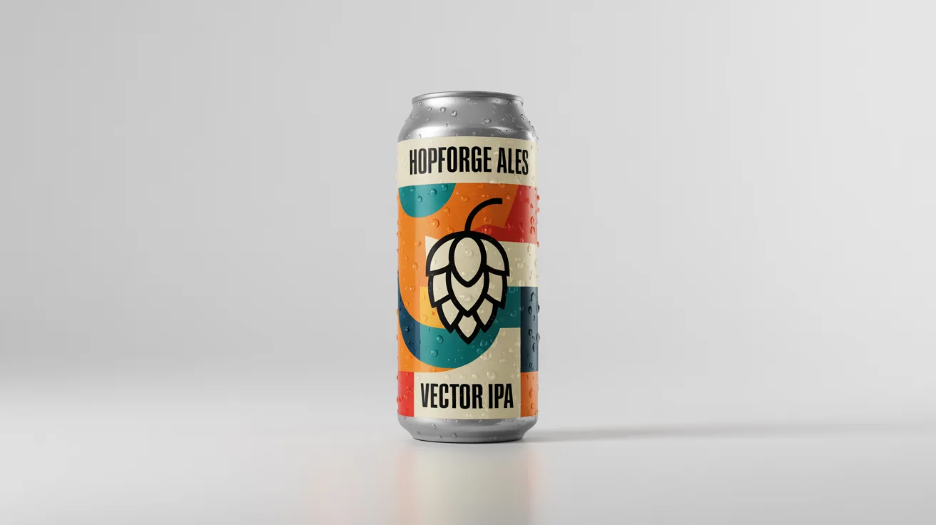 A professional mockup of a modern beer can for 'Hopforge Ales Vector IPA', featuring a graphic design and condensation, set against a clean white background.