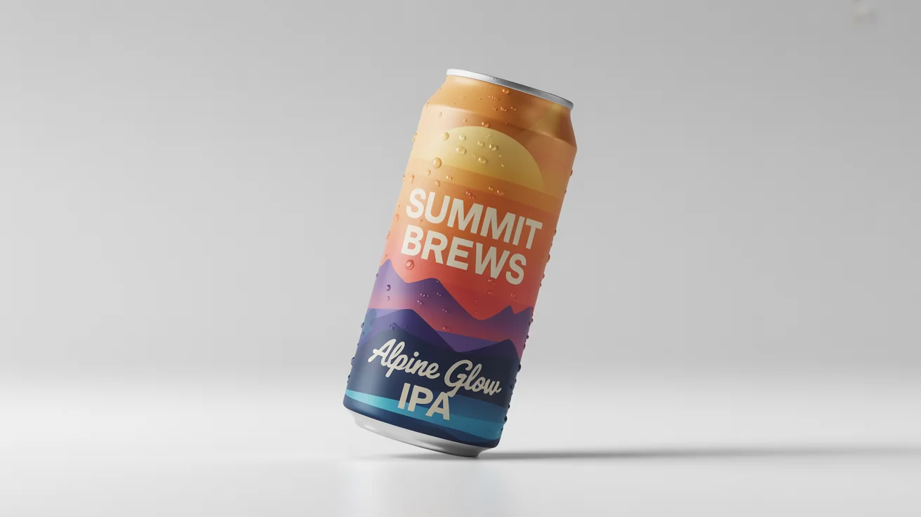 A photorealistic mockup of a single craft beer can, branded 'Summit Brews' and named 'Alpine Glow IPA', featuring a mountain sunset design and condensation droplets on a clean white background.