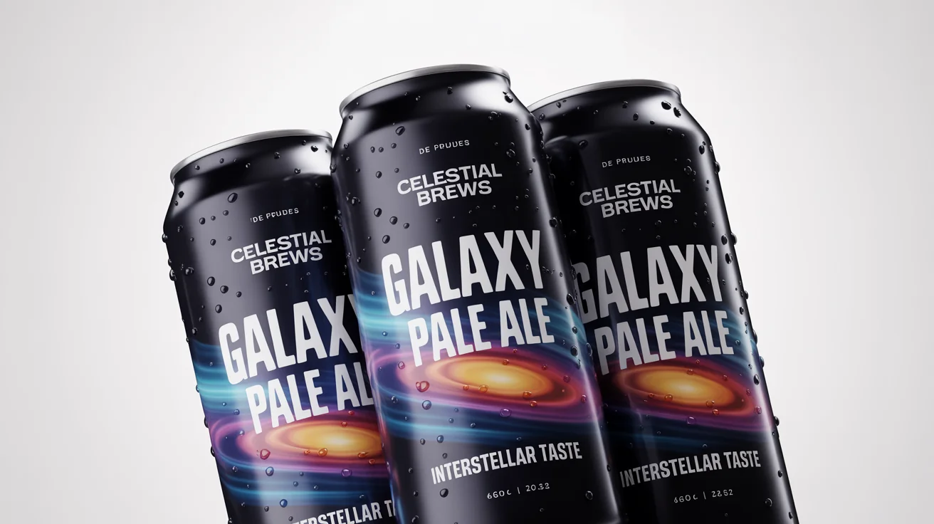 A professional product mockup of three craft beer cans from 'Celestial Brews', featuring a vibrant 'Galaxy Pale Ale' label with a space theme, set against a clean white background.
