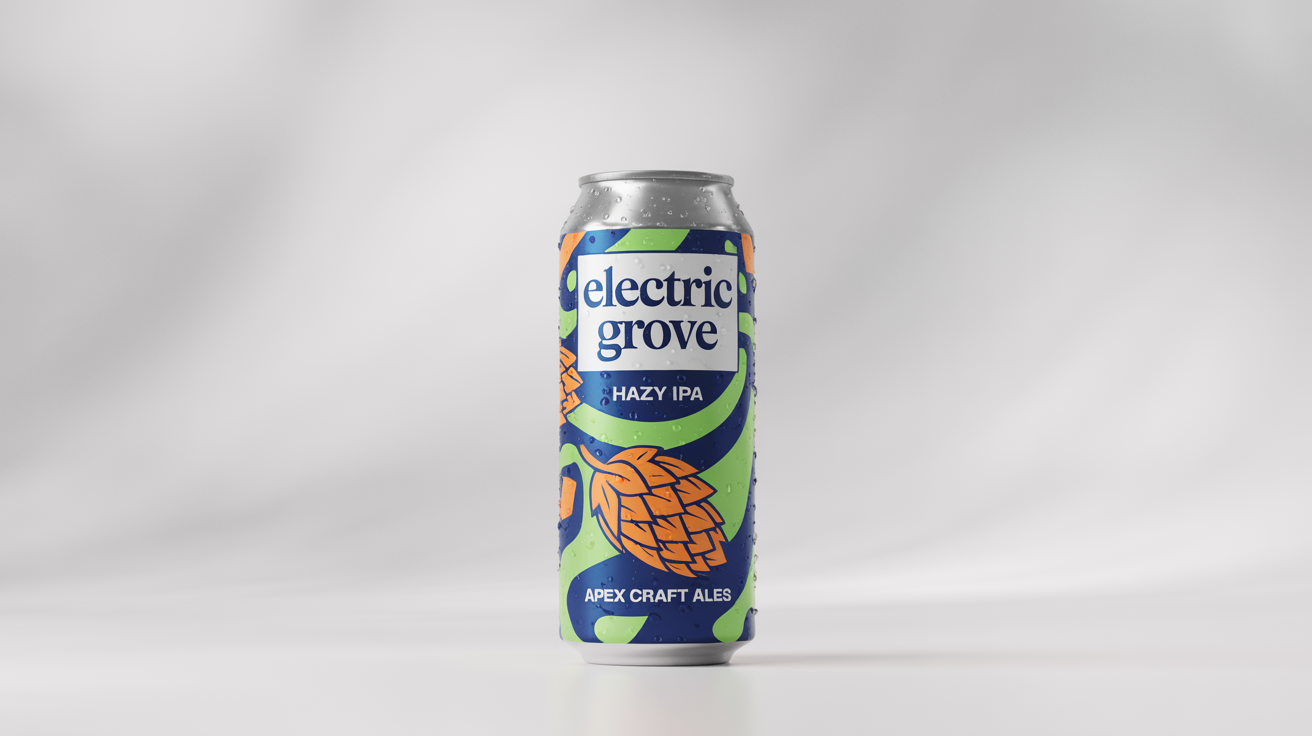 A studio mockup of a modern craft beer can with a vibrant label. The label reads 'Electric Grove Hazy IPA' from 'Apex Craft Ales' and features an abstract design in blue, green, and orange.