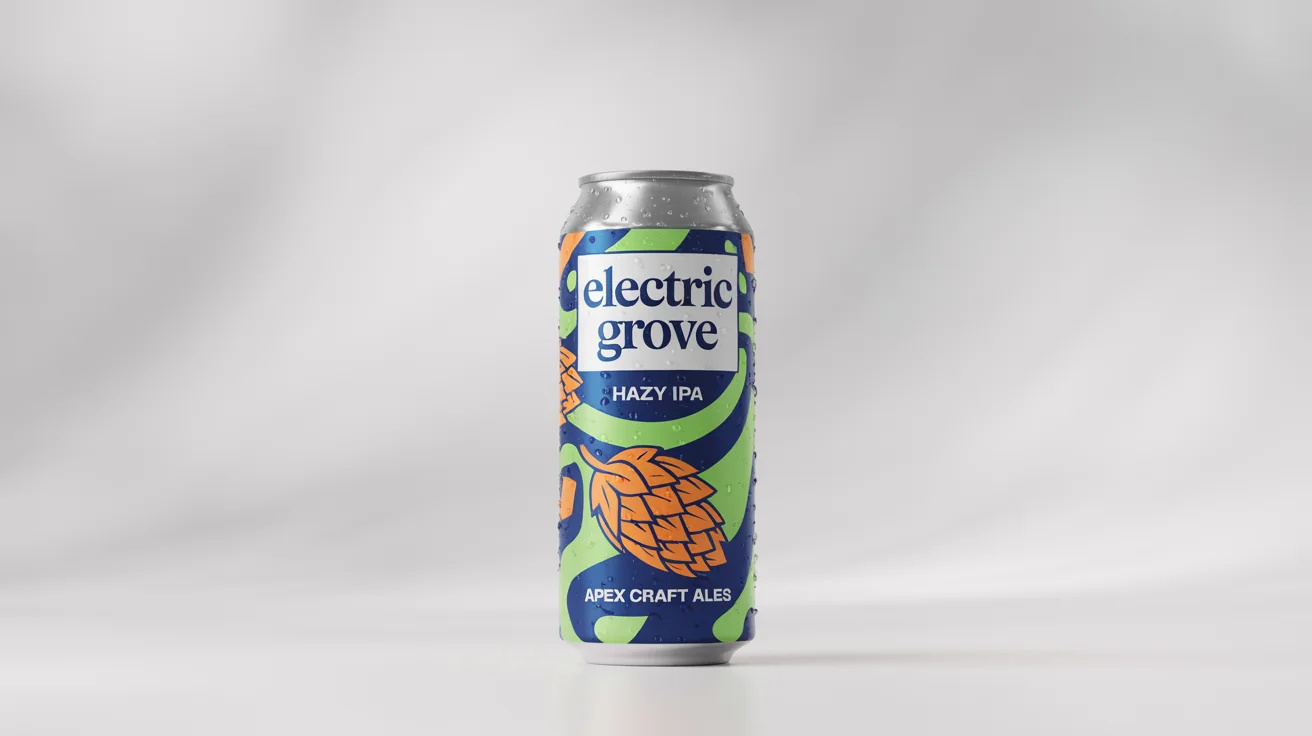 A studio mockup of a modern craft beer can with a vibrant label. The label reads 'Electric Grove Hazy IPA' from 'Apex Craft Ales' and features an abstract design in blue, green, and orange.