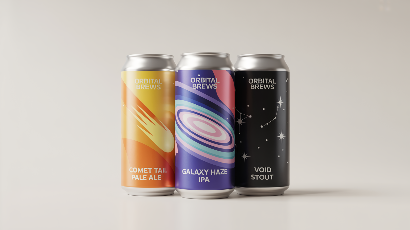 A product mockup of three distinct craft beer cans with modern, space-themed graphic designs, displayed in a row against a clean white background.