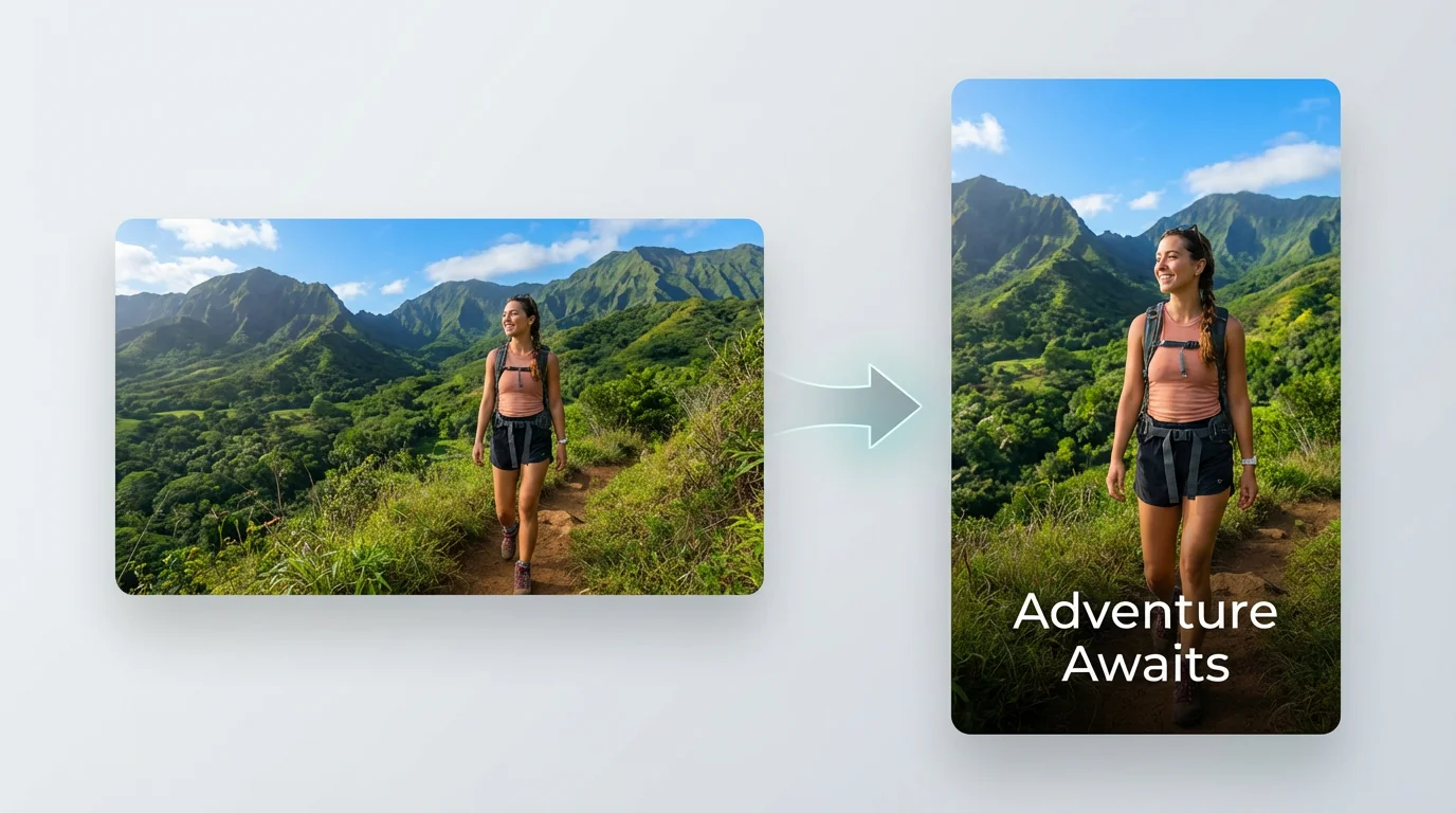 A before-and-after image showing a landscape video of a hiker being converted into a polished, vertical portrait video with captions, demonstrating a portrait video converter tool.