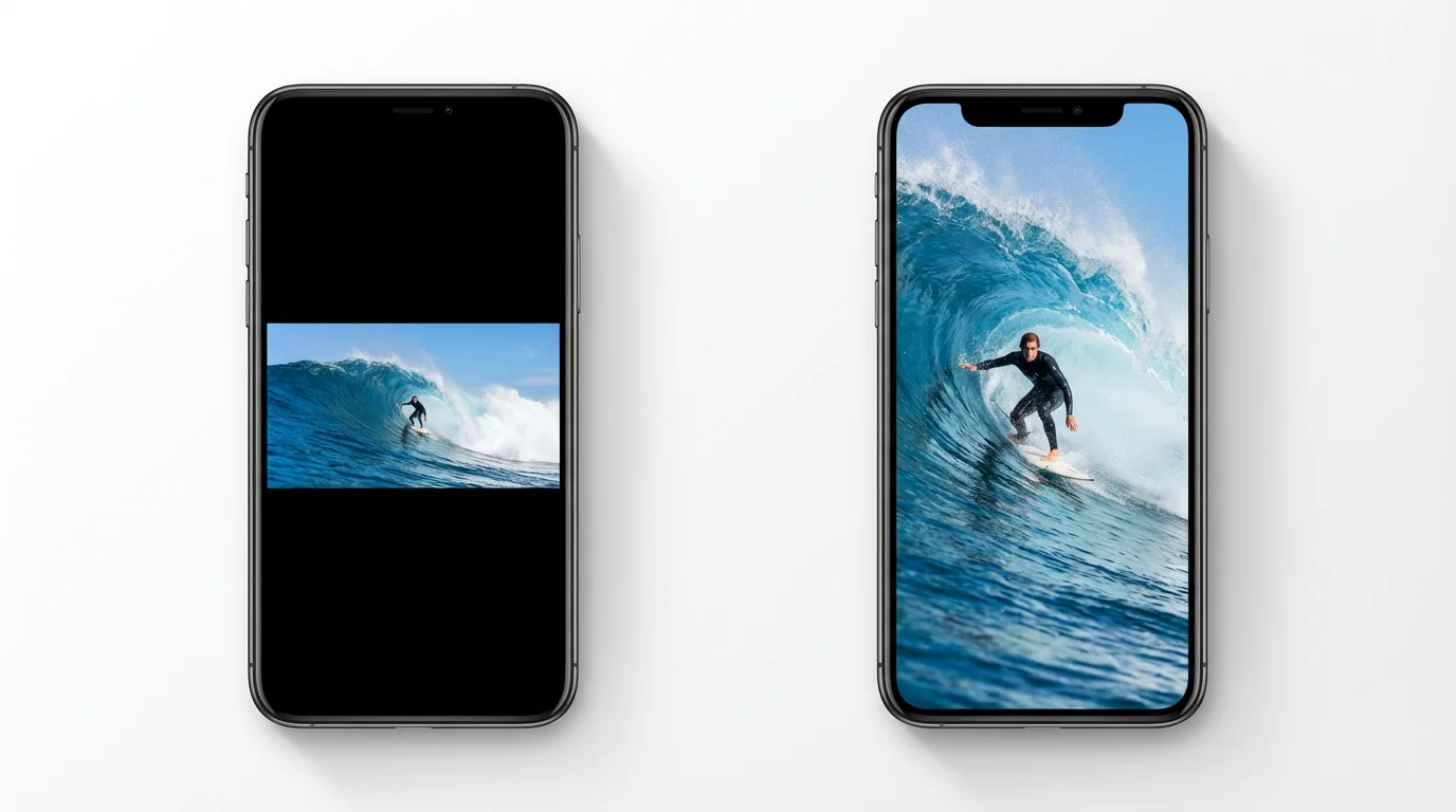 A visual comparison of a video on two smartphones. The left phone shows a landscape video with black bars, while the right phone shows the same video perfectly filling the vertical screen, illustrating the benefit of a portrait video converter.
