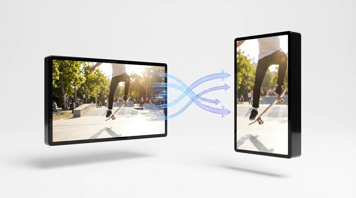 A 3D illustration of a video being converted from landscape to portrait format. A wide frame of a skateboarder is on the left, and a tall, cropped frame of the same skateboarder is on the right, with an arrow showing the transition.