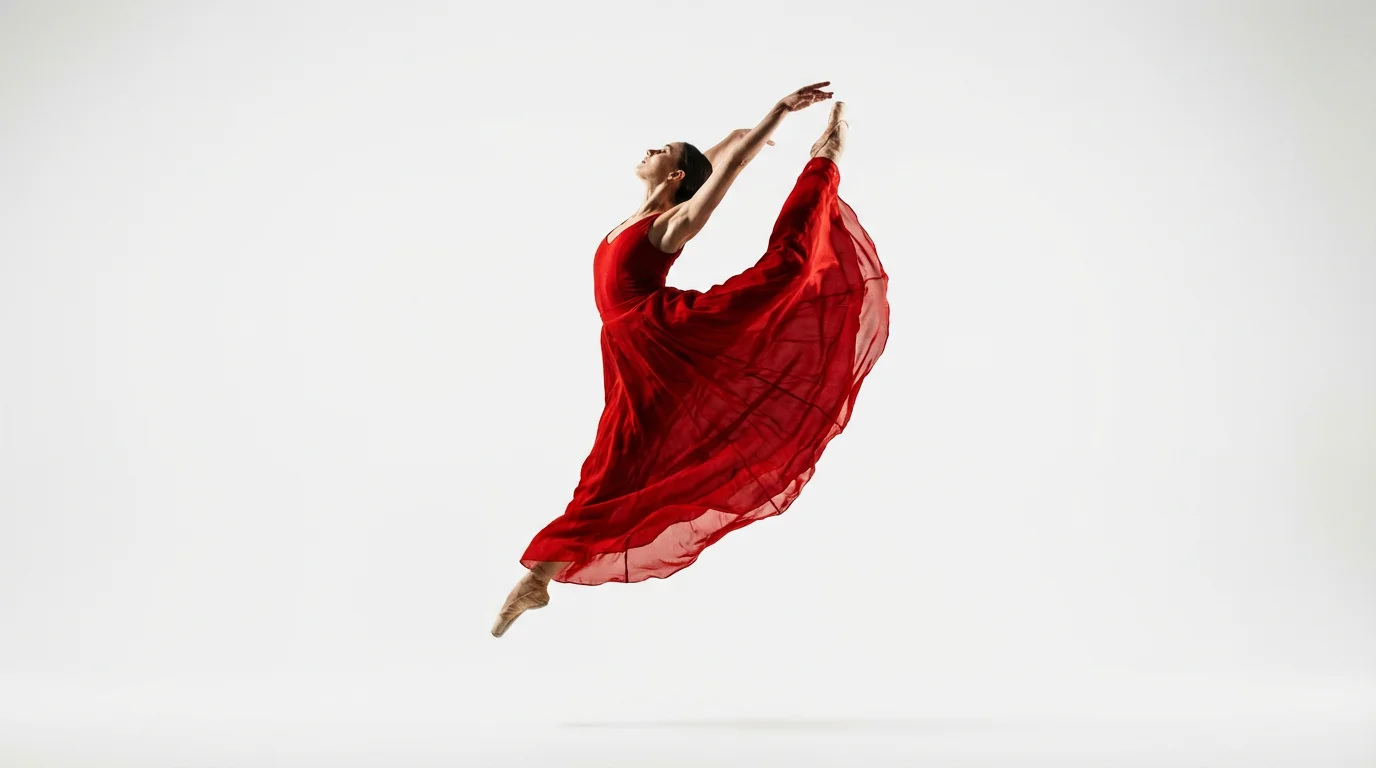 A cinematic video still of a ballet dancer in a vibrant red dress leaping gracefully, perfectly framed in a vertical portrait orientation against a clean white background.
