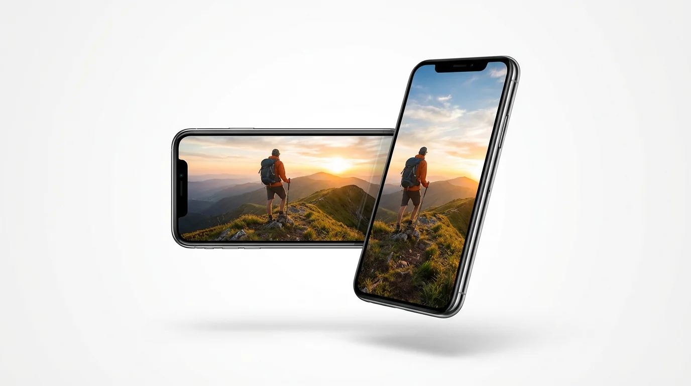 An illustration of a portrait video converter, showing two smartphones against a white background. One phone is in landscape mode showing a hiker, and the other is in portrait mode showing the same video reframed vertically.