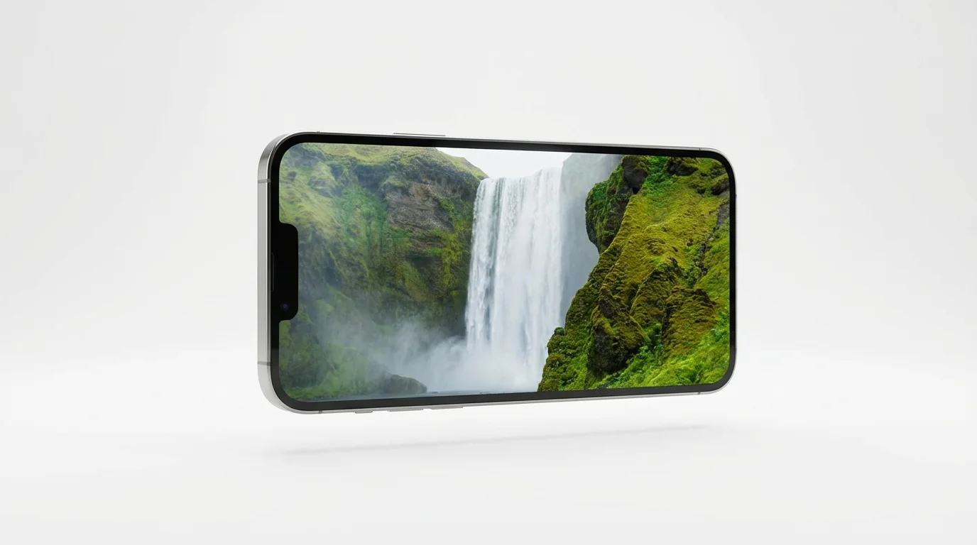 A modern smartphone displaying a vibrant portrait-mode video of a waterfall, symbolizing a portrait video converter, against a clean white background.