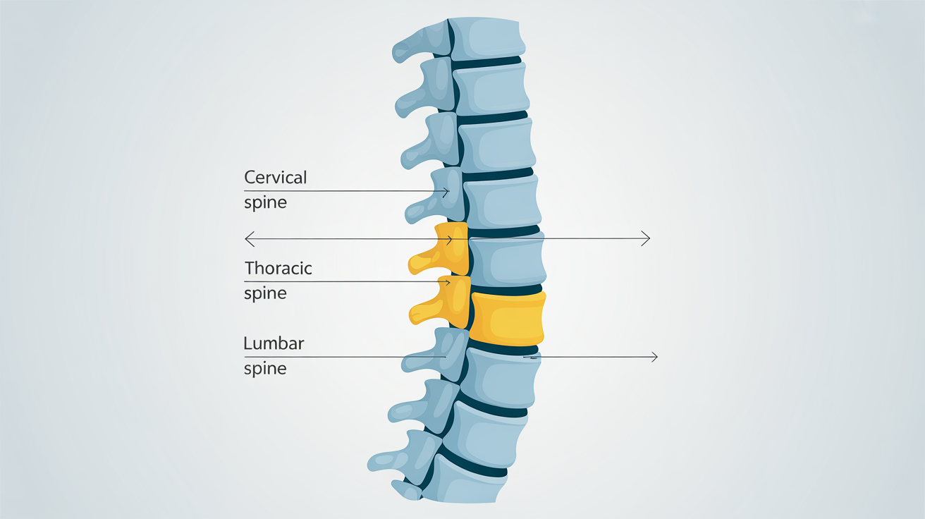 A professional anatomical diagram of the human spinal column viewed from the side. The image is a polished final design, with vertebrae in blue, discs in gray, and the spinal canal in yellow, complete with clear labels for the cervical, thoracic, and lumbar regions.