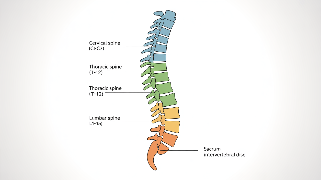 A detailed and color-coded medical diagram of the human spinal column from a side view, with labels for the cervical, thoracic, and lumbar sections, as well as the sacrum and intervertebral discs.