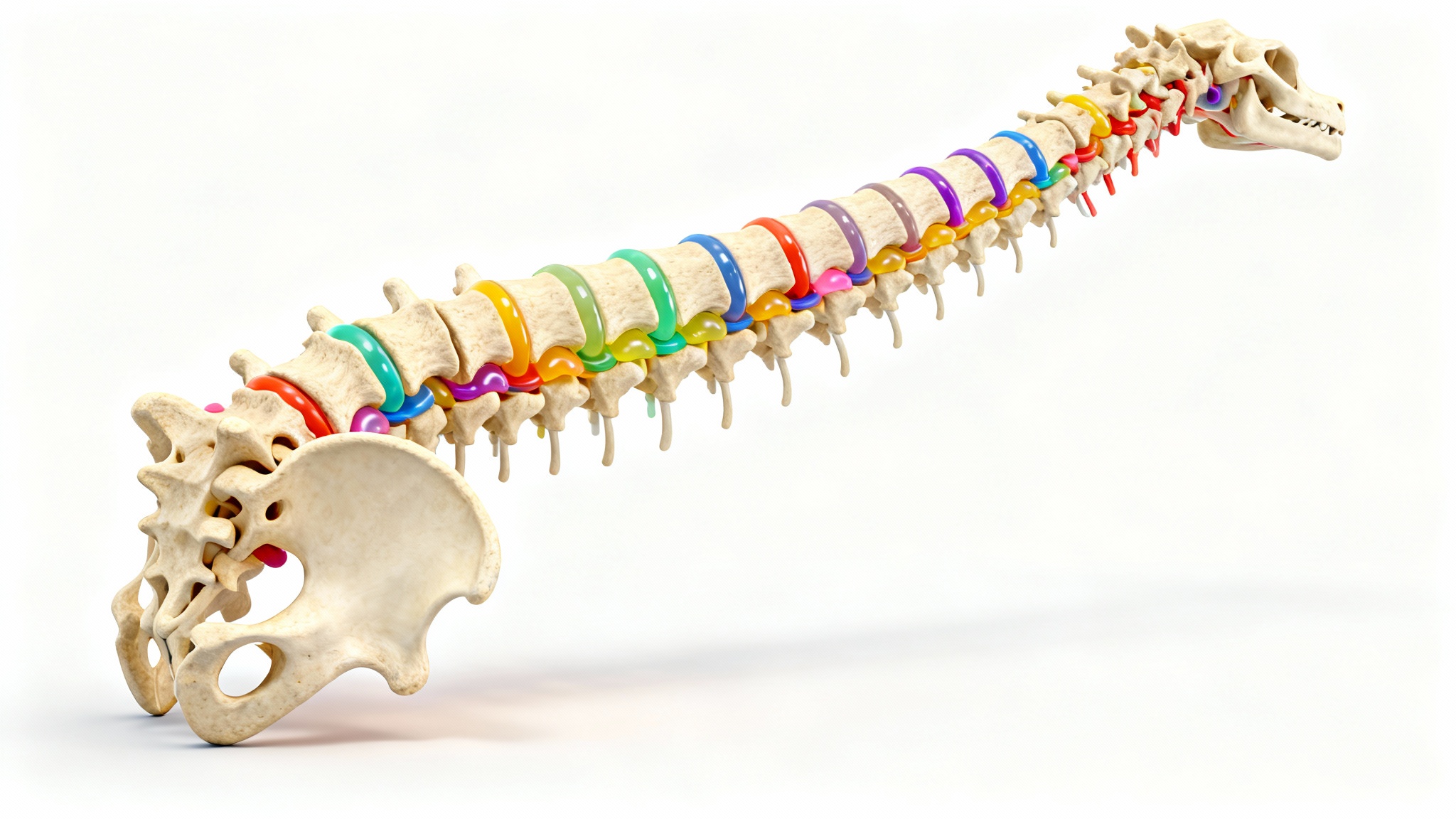 A detailed, color-coded medical illustration of the human spinal column, showing the different sections (cervical, thoracic, lumbar, sacral, and coccyx) on a clean white background.