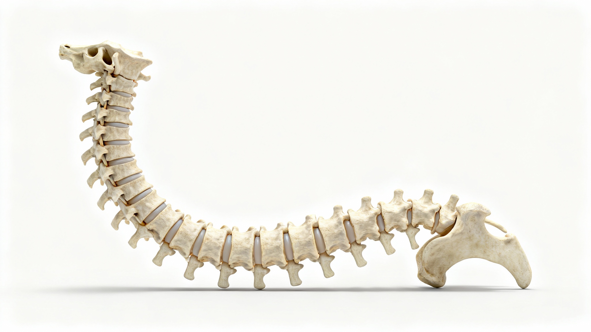 A detailed medical illustration of the human spinal column, showing its natural curvature and the different sections of vertebrae, on a clean white background.