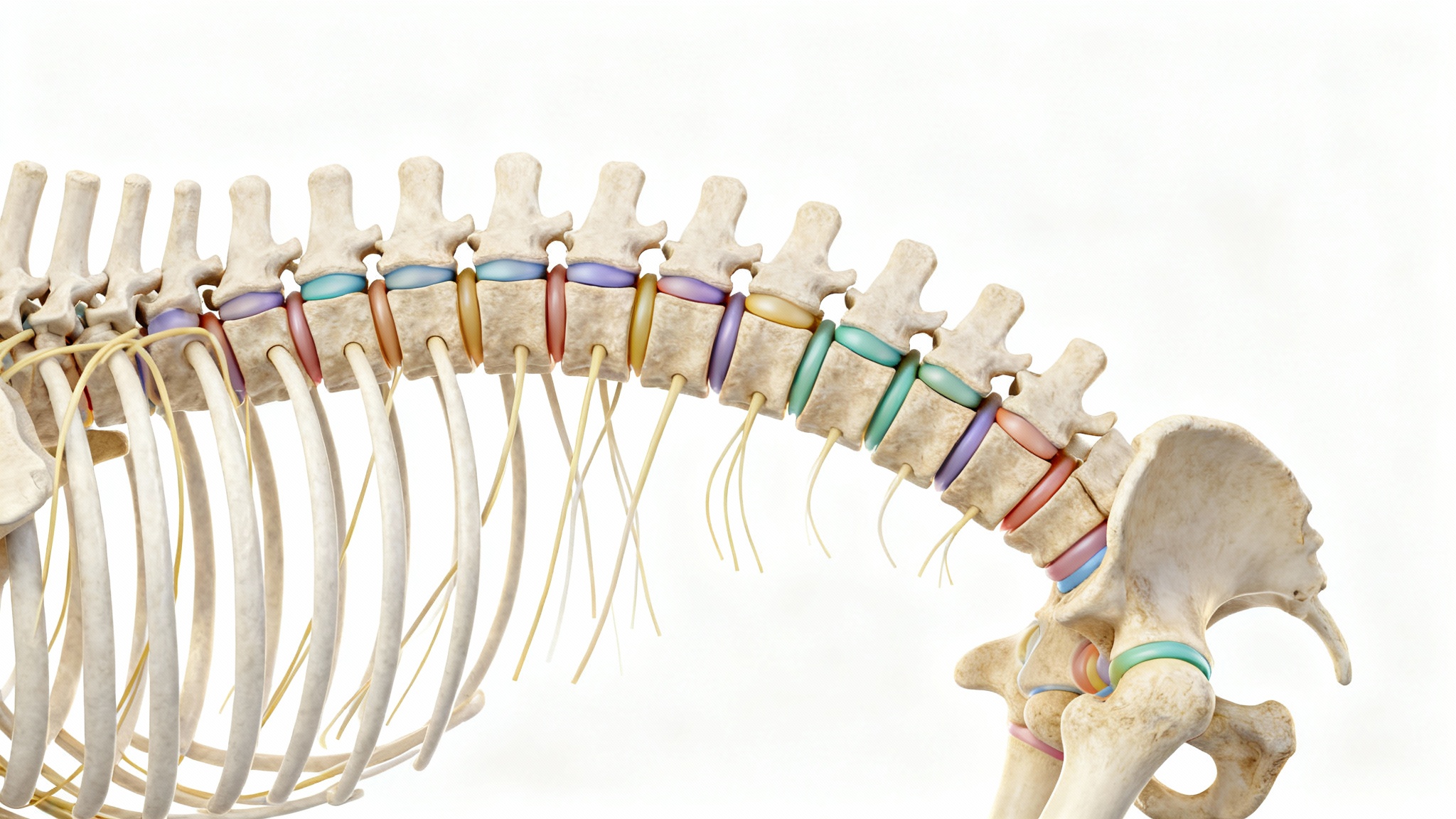 A detailed and medically accurate 3D illustration of the human spinal column, showing all its sections from a side-angle view against a clean white background.