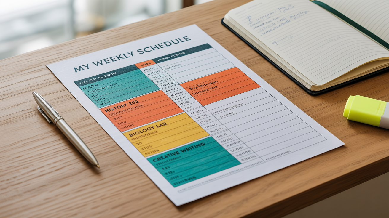 A top-down view of a beautifully designed and colorful weekly class schedule printed out and placed on a clean wooden desk, surrounded by stylish school supplies like a pen and notebook.