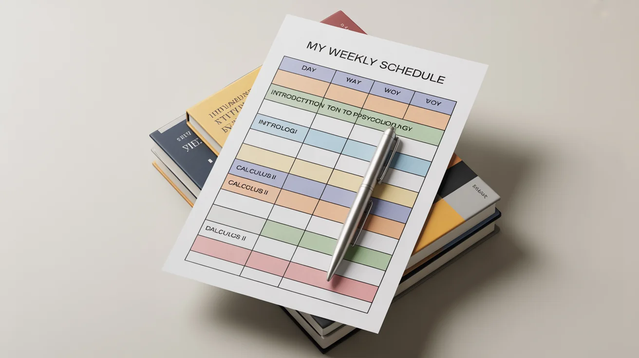 A modern and clean weekly class schedule laid flat on a white surface, showing a grid with days of the week and color-coded class blocks.