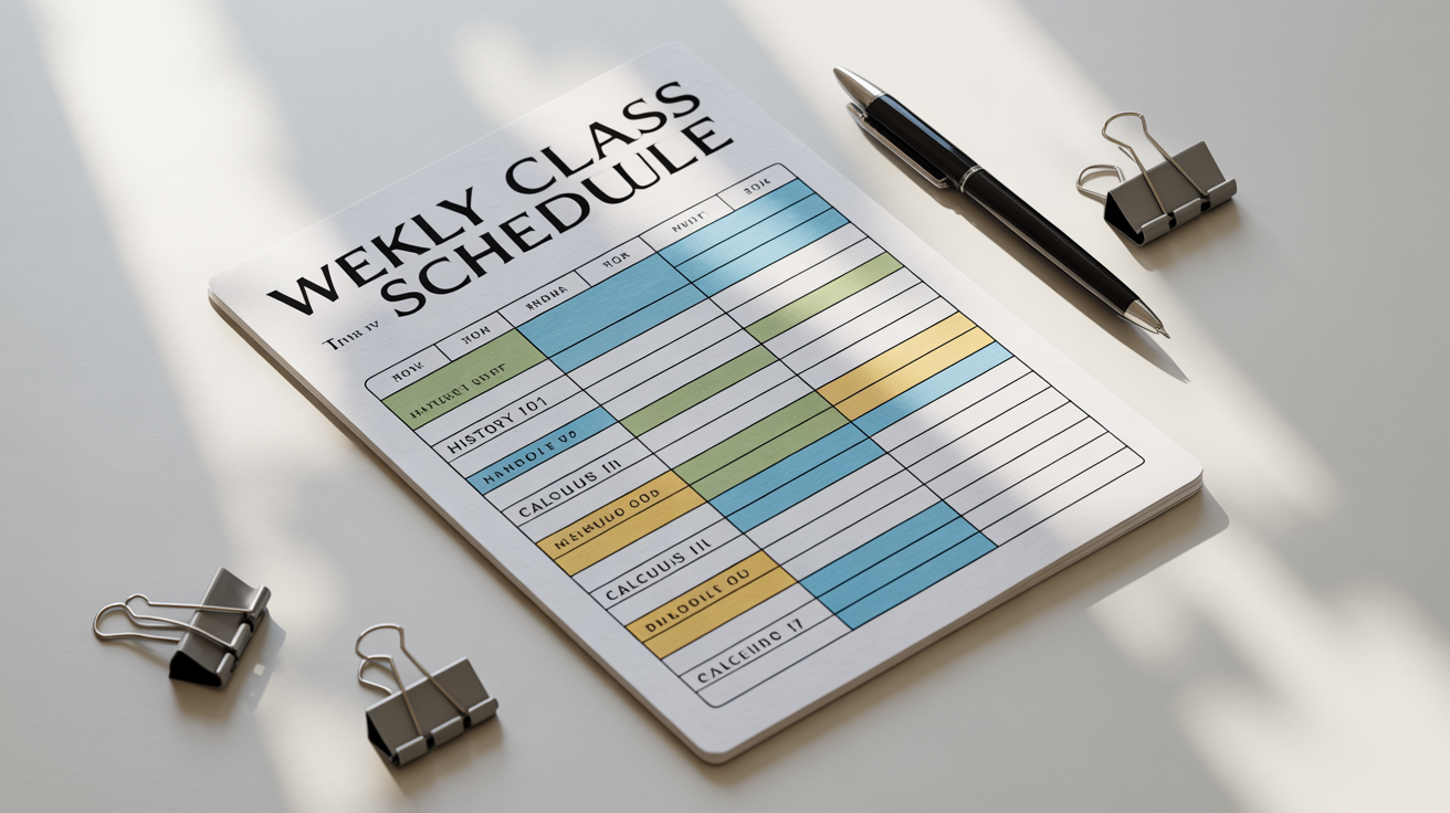 A modern and organized weekly class schedule laid flat on a white surface, with a pen and paper clips placed neatly beside it.