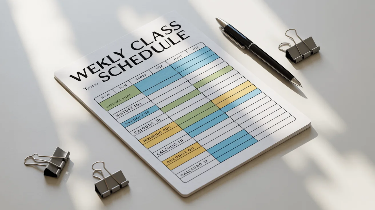 A modern and organized weekly class schedule laid flat on a white surface, with a pen and paper clips placed neatly beside it.