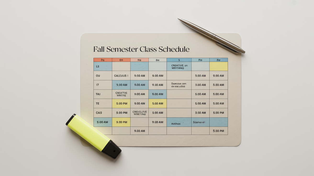 A modern, organized class schedule laid flat on a white background, with a pen and highlighter nearby, representing effective academic planning.