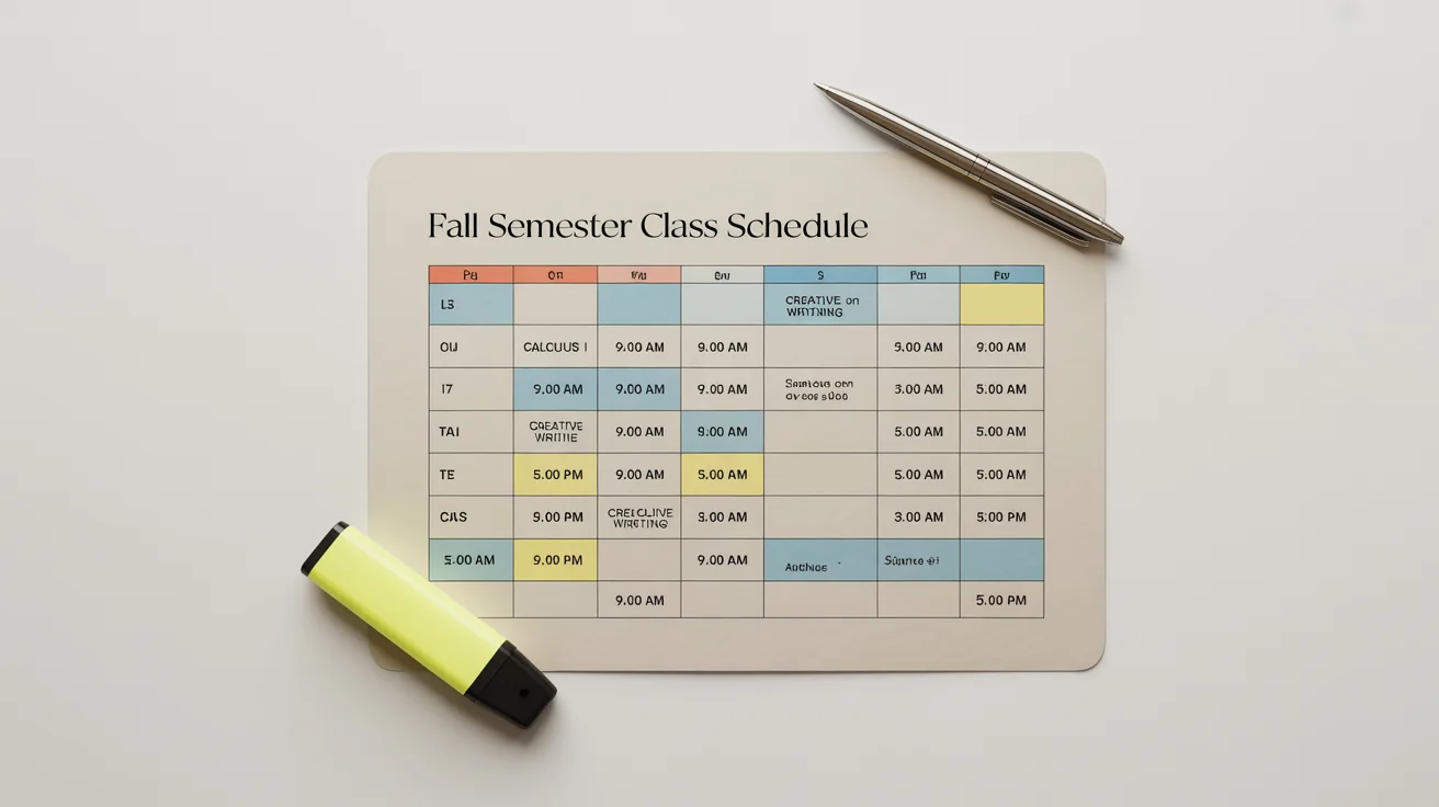 A modern, organized class schedule laid flat on a white background, with a pen and highlighter nearby, representing effective academic planning.