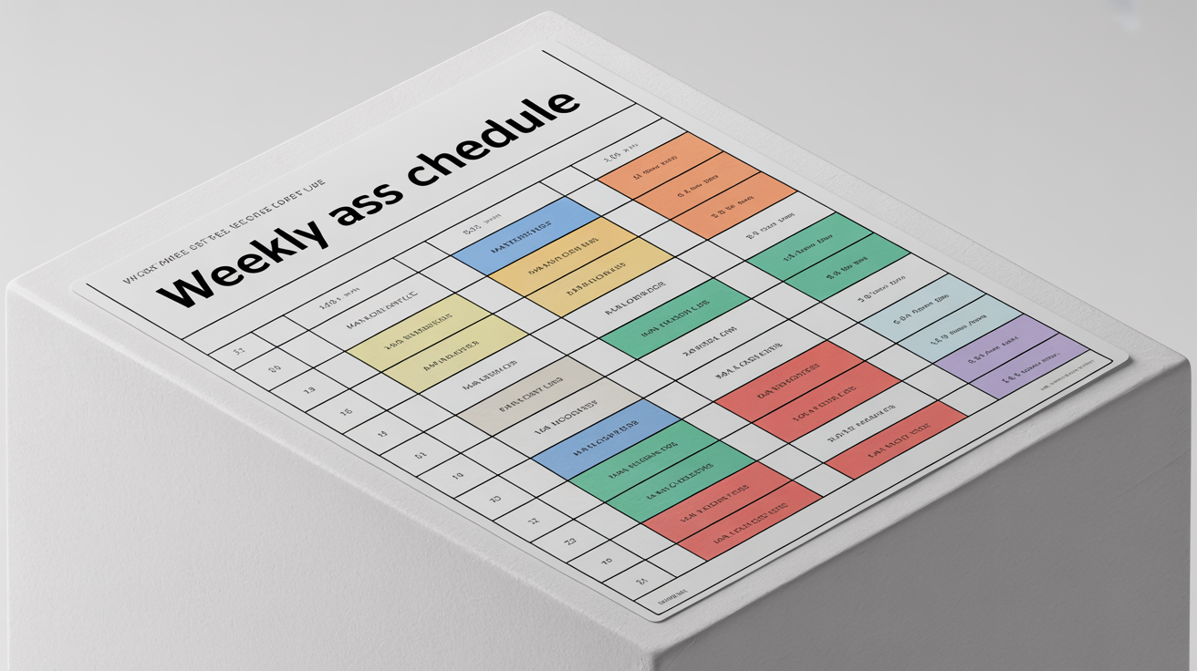 A colorful and modern weekly class schedule with color-coded blocks for subjects like math, biology, history, and art, shown on a white background.