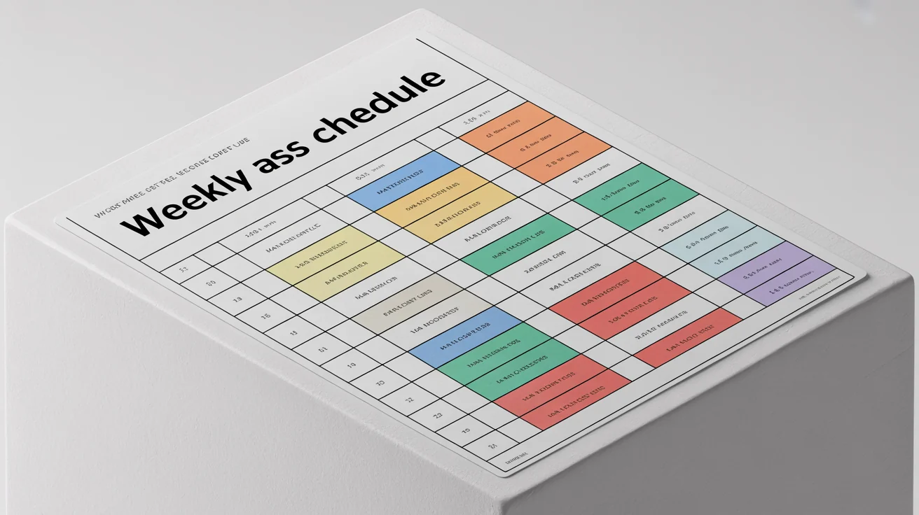 A colorful and modern weekly class schedule with color-coded blocks for subjects like math, biology, history, and art, shown on a white background.