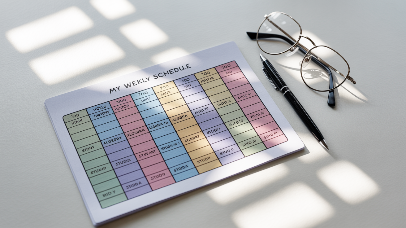 A colorful and modern printed class schedule laid on a white surface, showing a weekly schedule with subjects like 'Studio Art' and 'Chemistry Lab'. A pen and glasses are next to it.