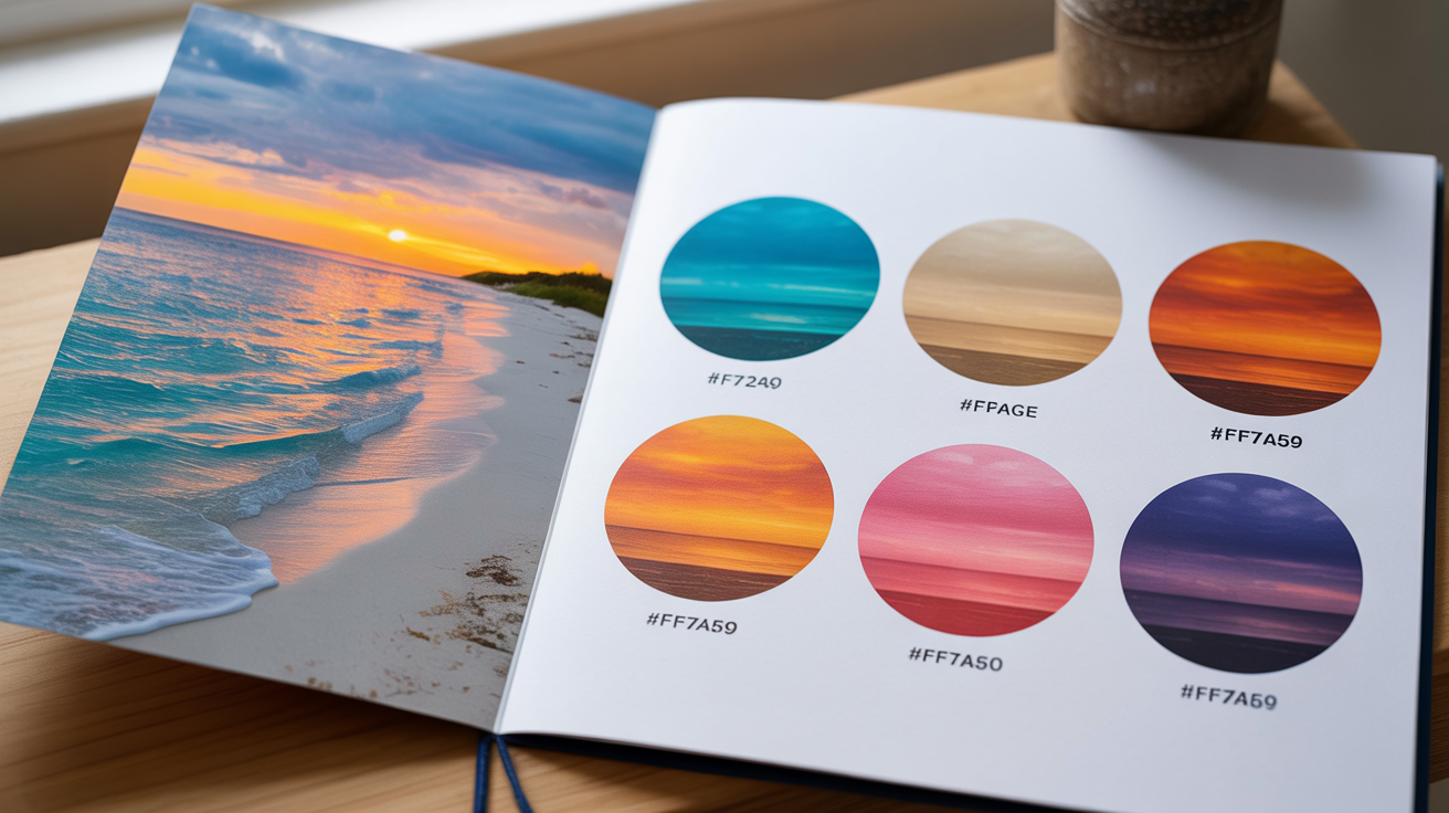 A graphic demonstrating a color palette generator. On the left is a photo of a tropical sunset; on the right are five circular color swatches pulled from the photo's colors, complete with sample hex codes.