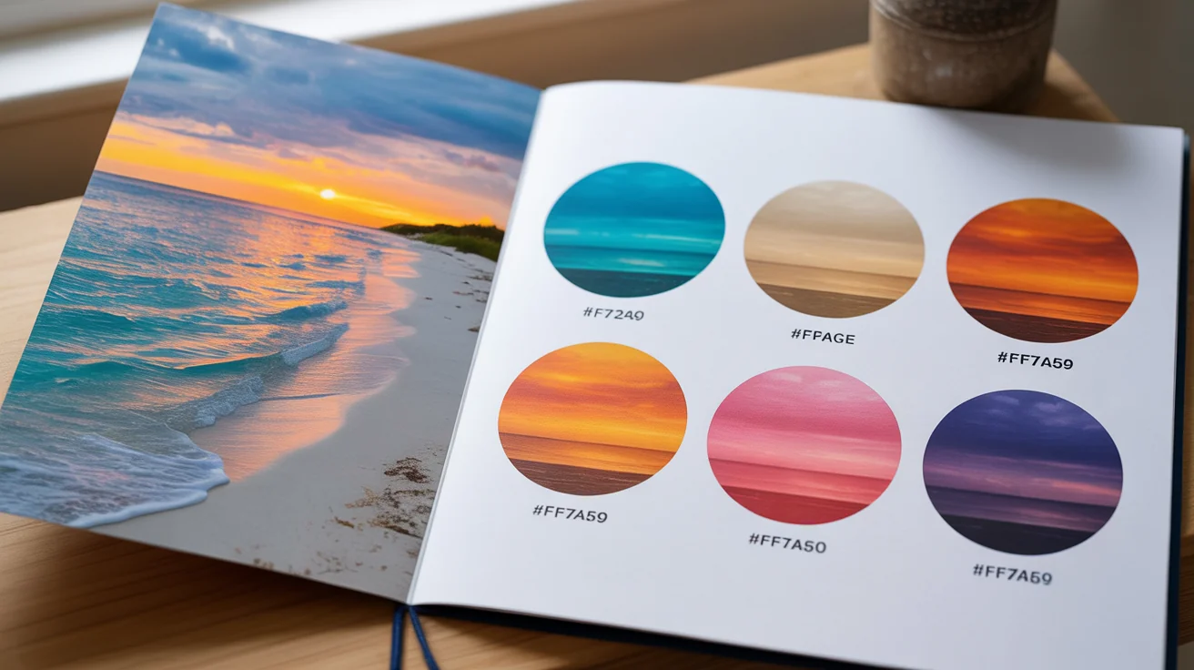 A graphic demonstrating a color palette generator. On the left is a photo of a tropical sunset; on the right are five circular color swatches pulled from the photo's colors, complete with sample hex codes.