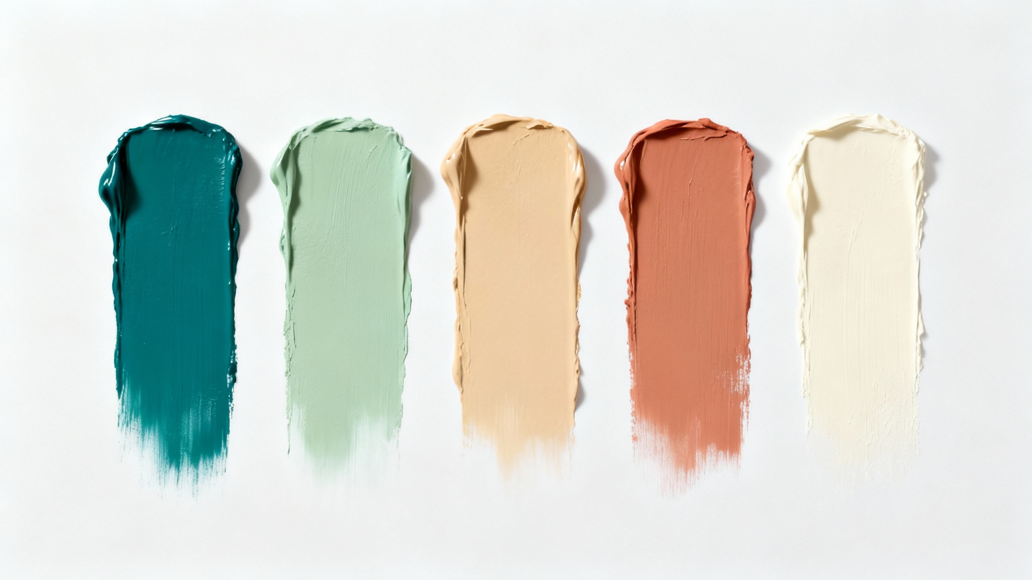 A minimalist image of five vertical paint swatches in a harmonious color palette of teal, sage, beige, terracotta, and cream, set against a clean white background.