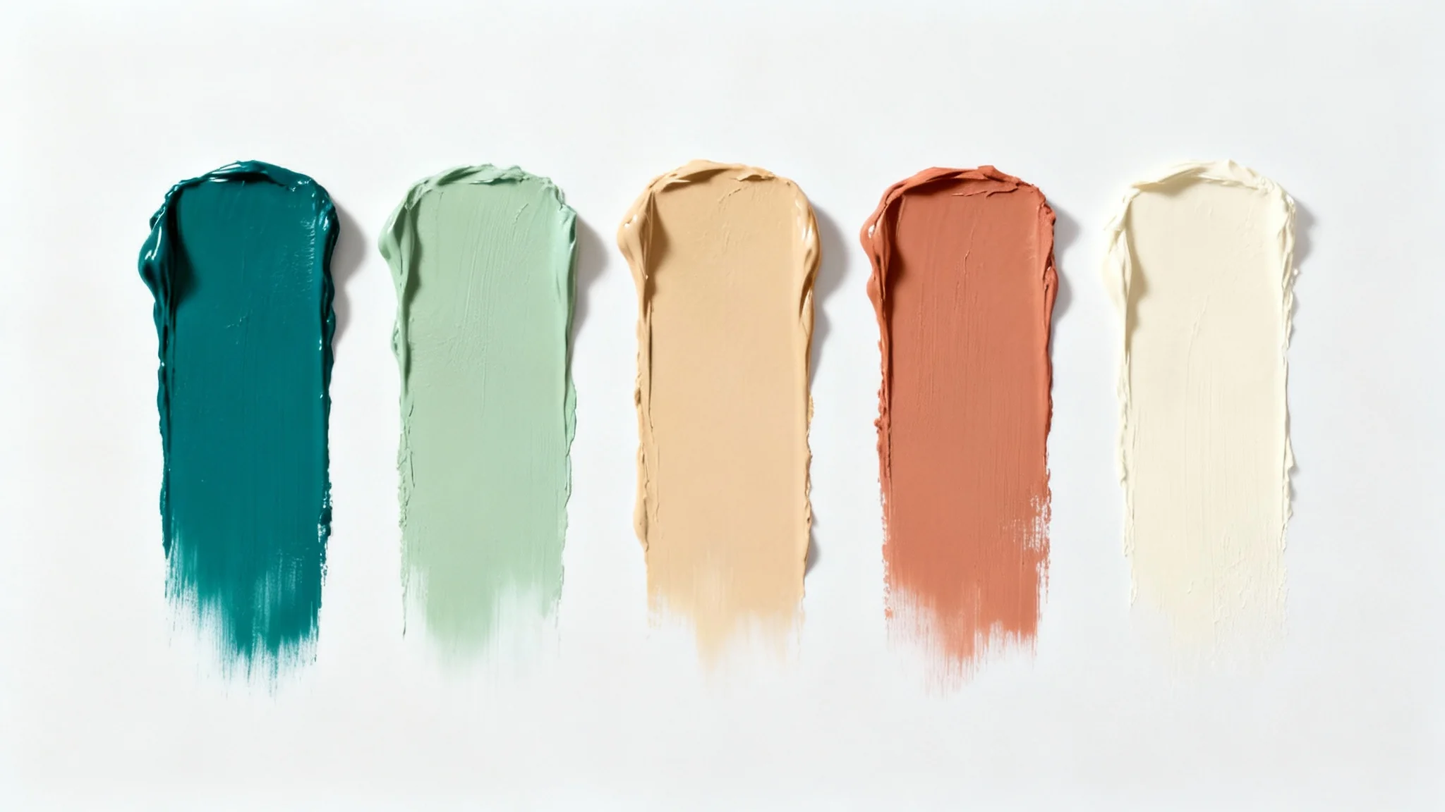A minimalist image of five vertical paint swatches in a harmonious color palette of teal, sage, beige, terracotta, and cream, set against a clean white background.