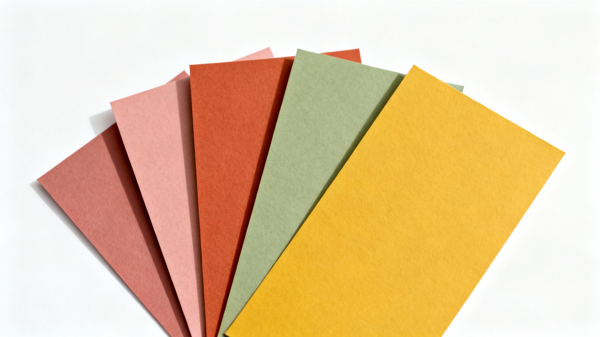 A flat lay image of four paper color swatches fanned out on a white background, showing a palette of dusty rose, terracotta, sage green, and mustard yellow.