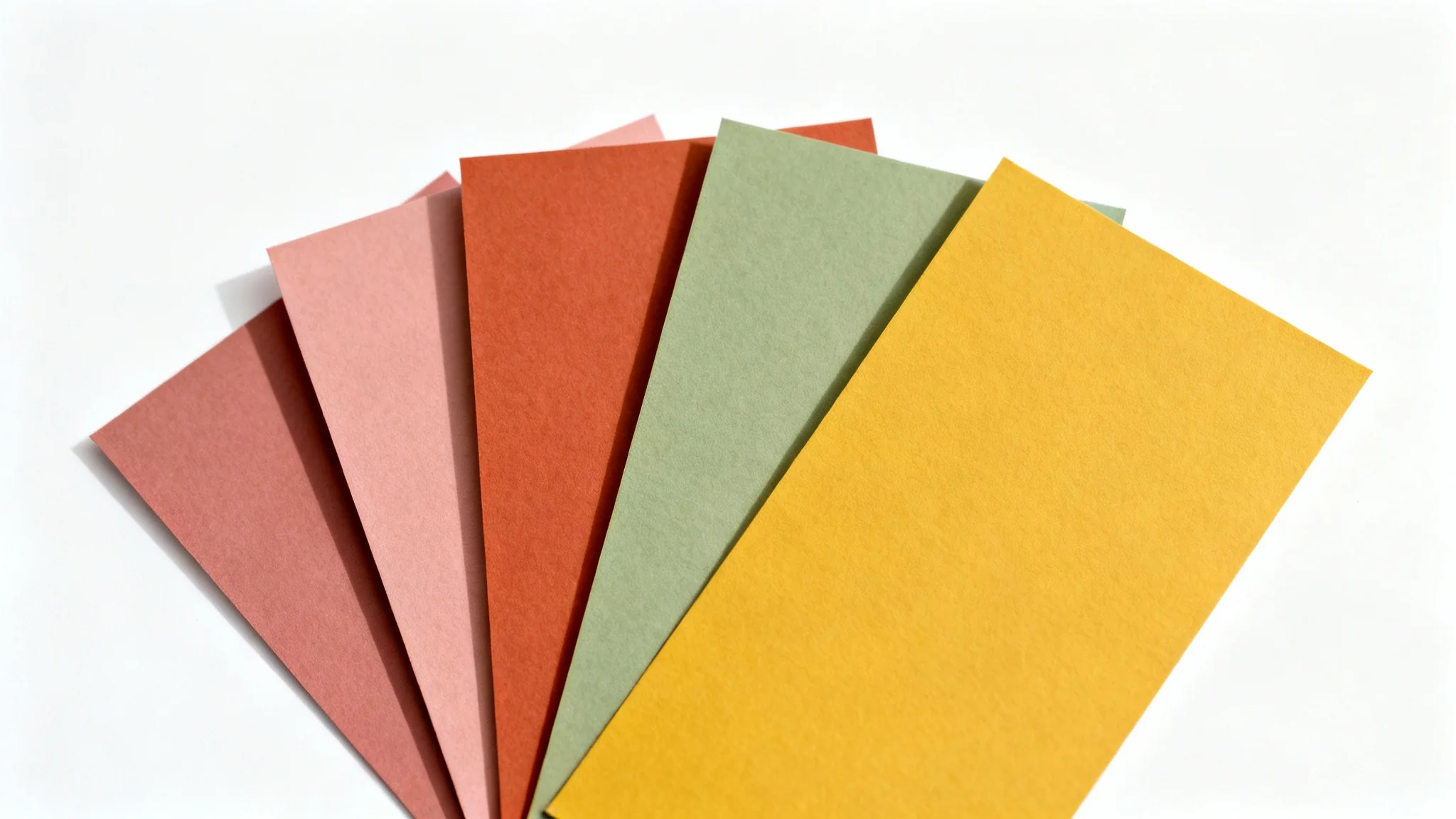 A flat lay image of four paper color swatches fanned out on a white background, showing a palette of dusty rose, terracotta, sage green, and mustard yellow.